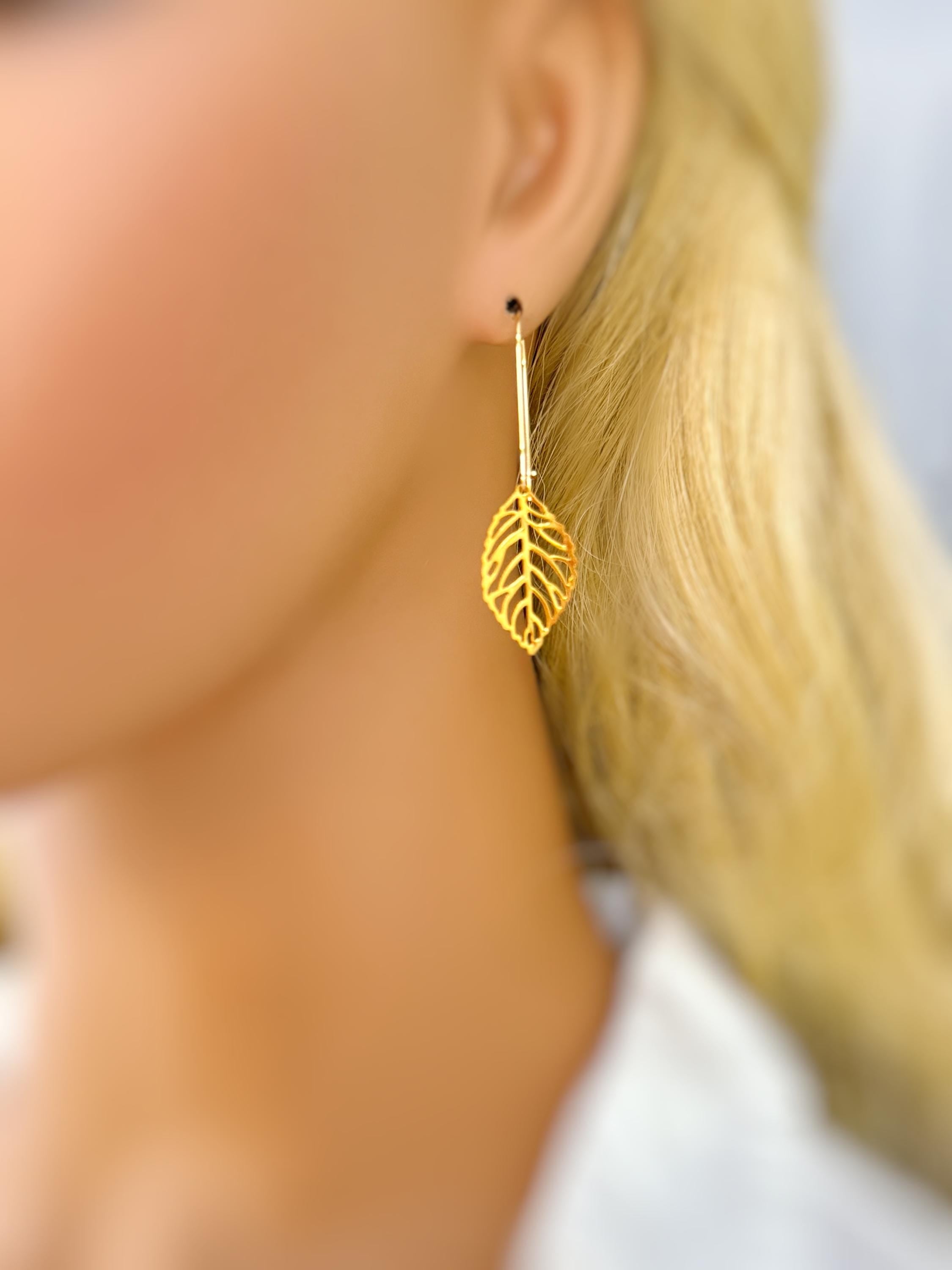 Gold Leaf Earrings dangle handmade statement chandelier long lightweight plant nature Jewelry unique gift for gardener mom wife sister bff