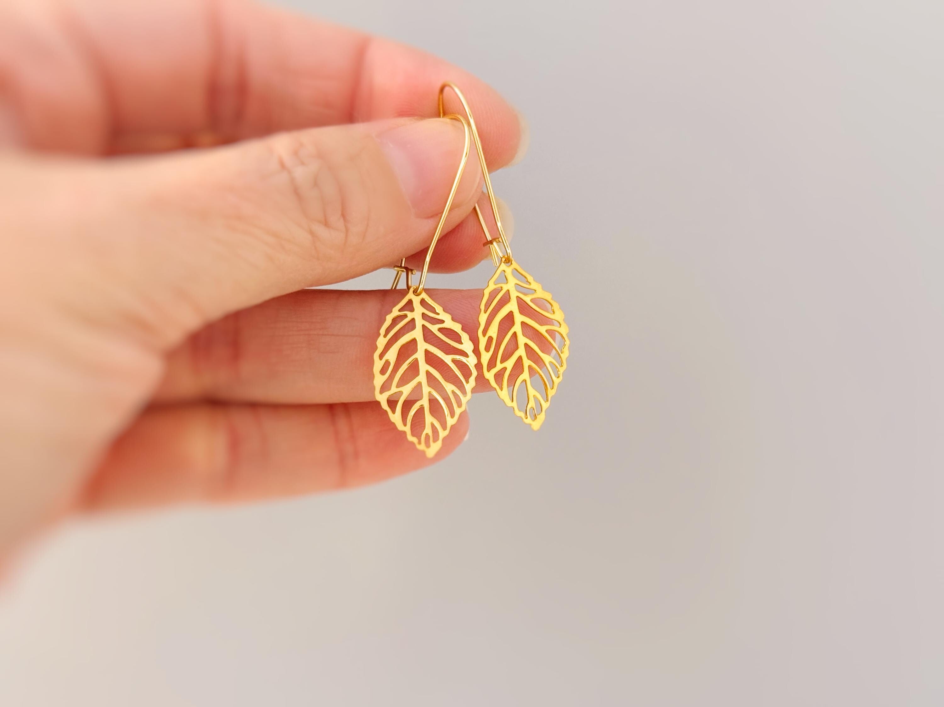 Gold Leaf Earrings dangle handmade statement chandelier long lightweight plant nature Jewelry unique gift for gardener mom wife sister bff
