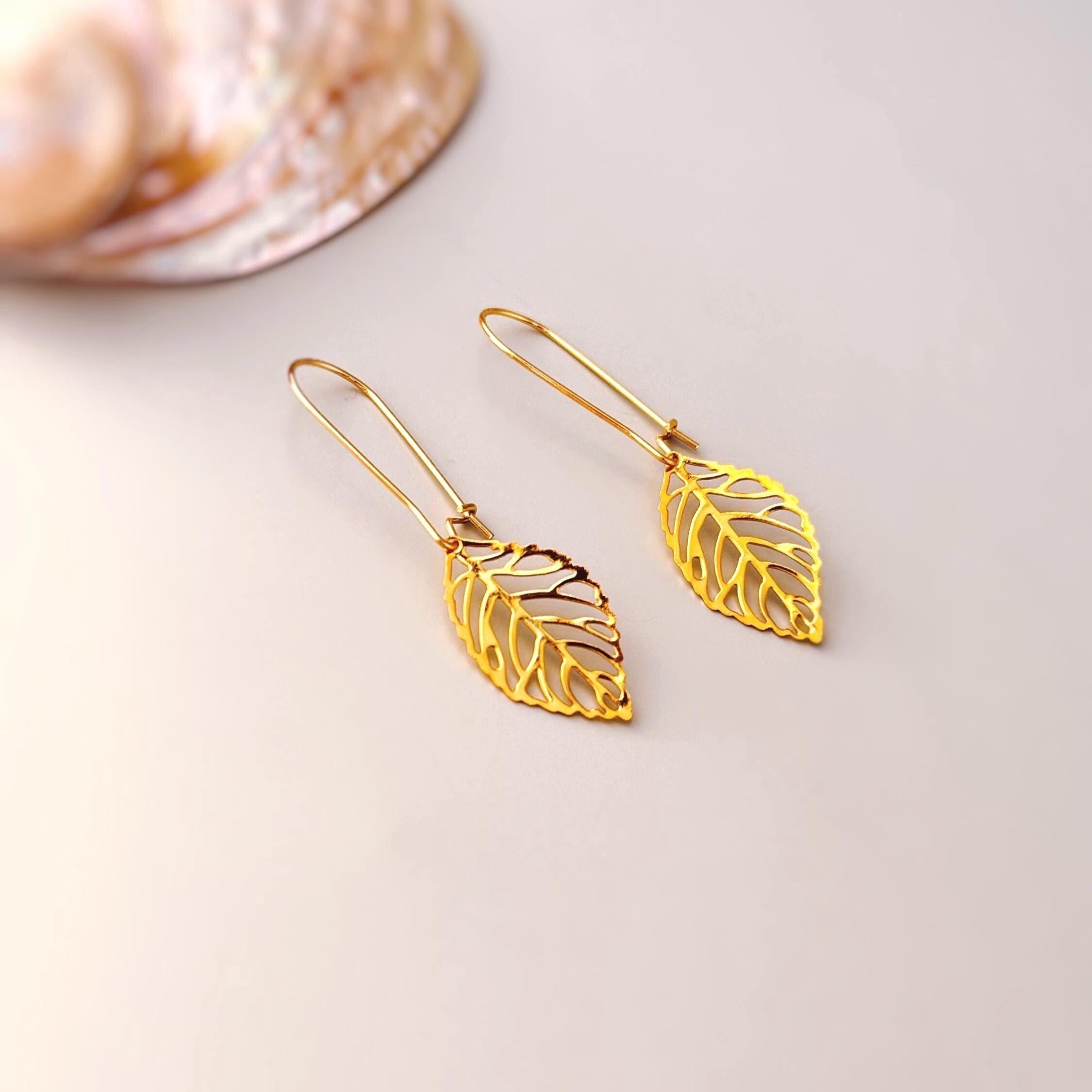 Gold Leaf Earrings dangle handmade statement chandelier long lightweight plant nature Jewelry unique gift for gardener mom wife sister bff