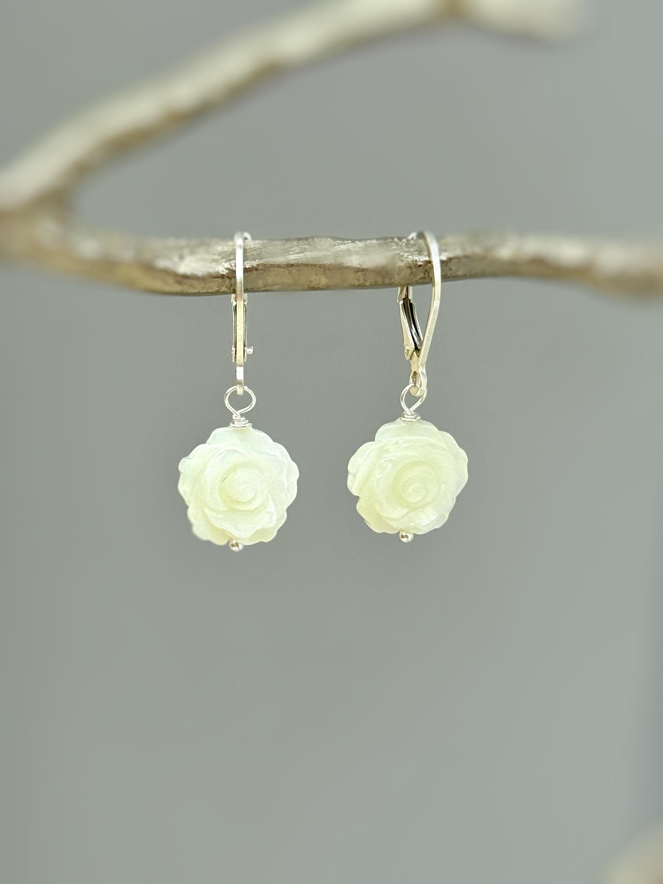 Mother of Pearl Rose Earrings 14k Gold Dangle handmade birthflower jewelry leverback June Birthday birth flower gift for grandma mom wife