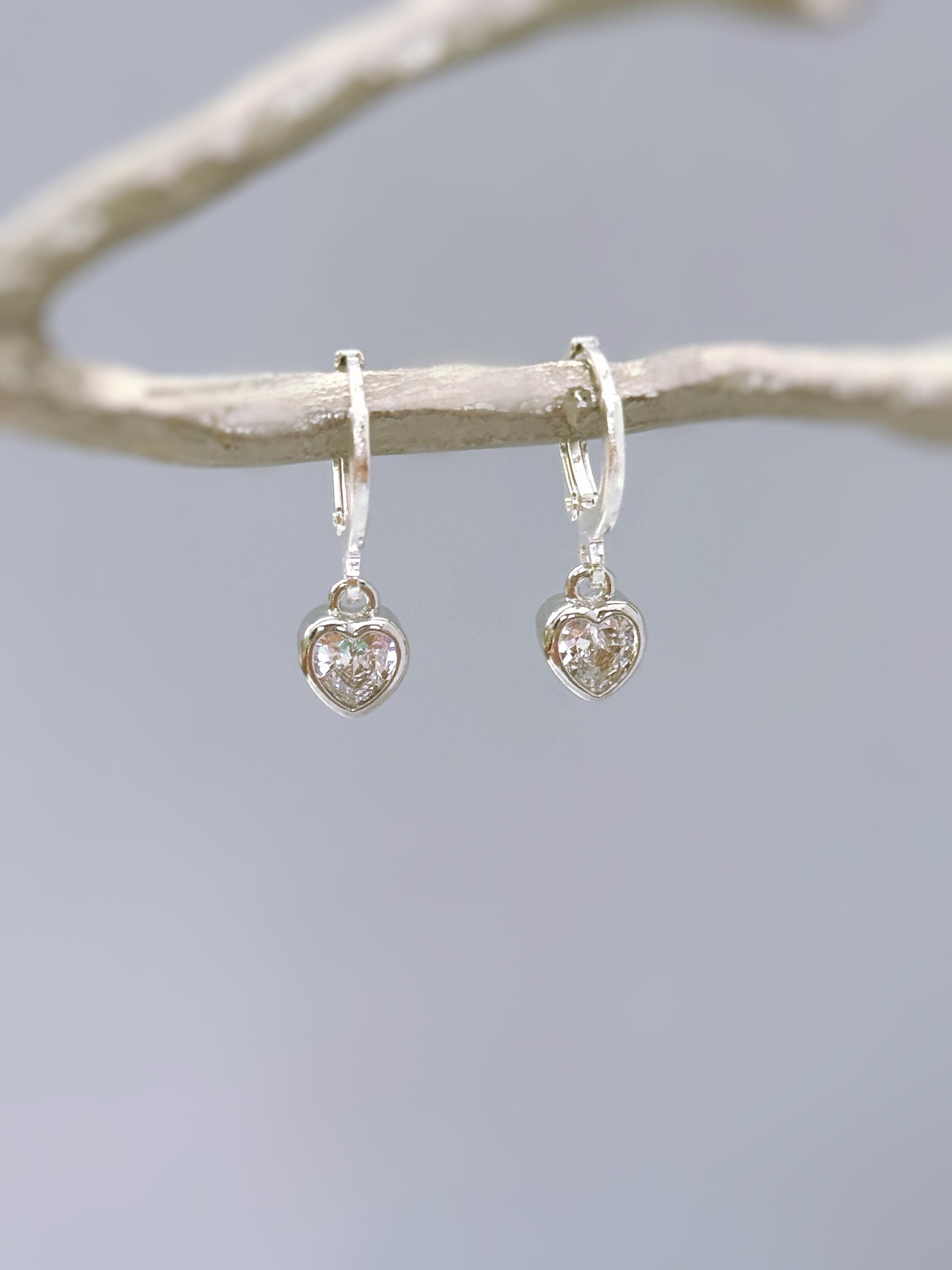 Dainty Crystal Heart Earrings Gold Huggie Hoops Dangle charms Silver, Rose Gold romantic birthday gift girlfriend bff sister daughter gift