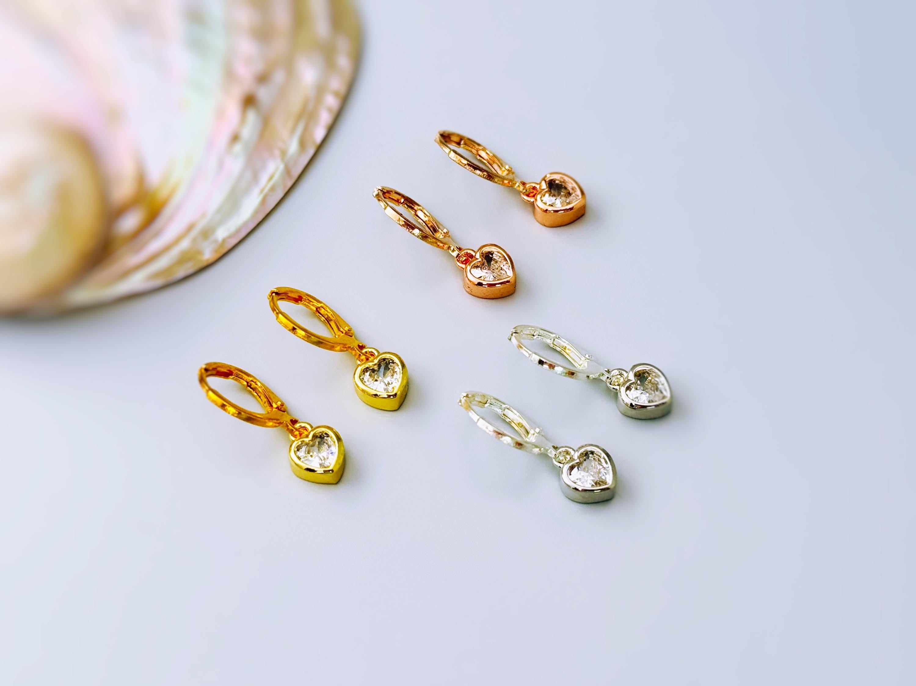 Dainty Crystal Heart Earrings Gold Huggie Hoops Dangle charms Silver, Rose Gold romantic birthday gift girlfriend bff sister daughter gift