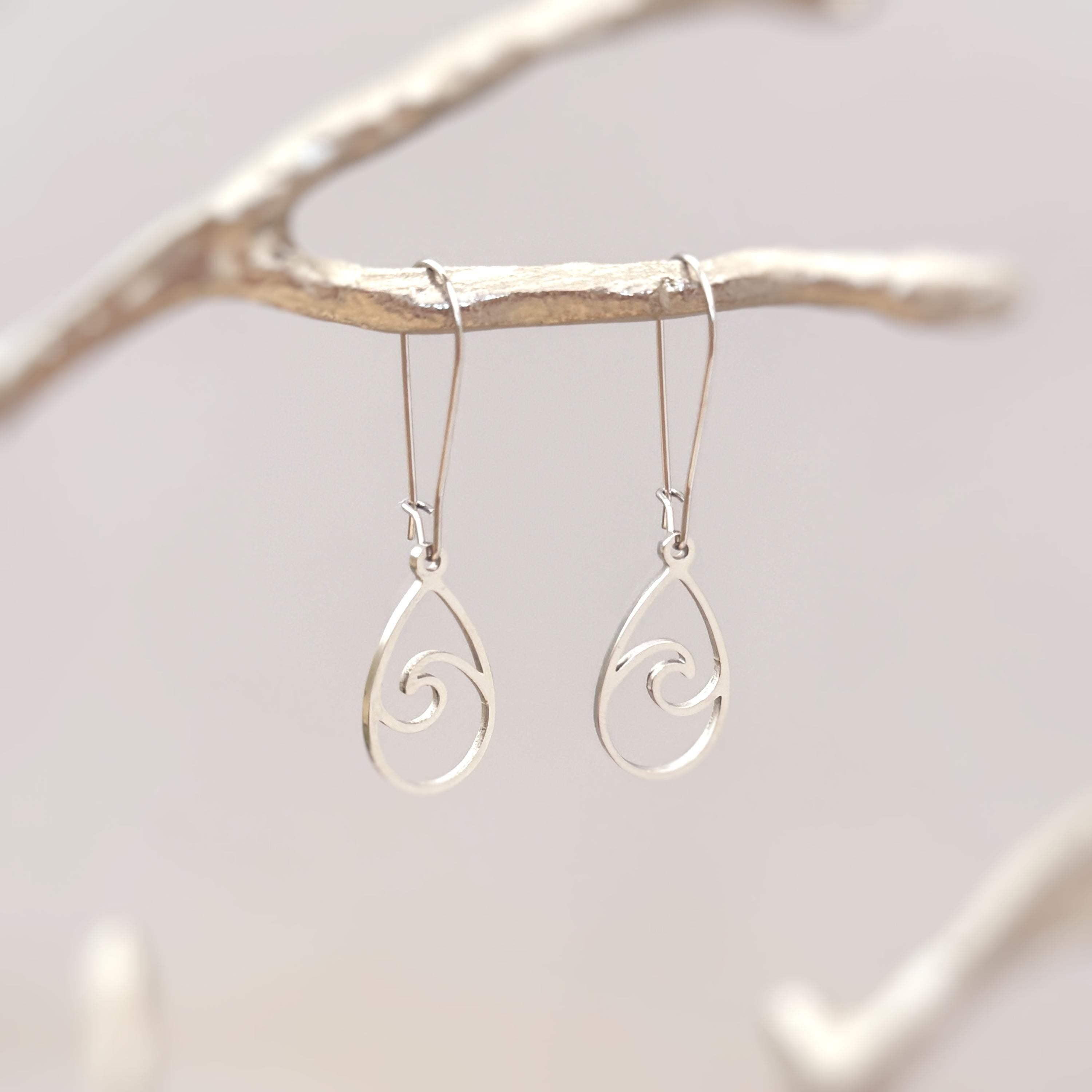 Teardrop Wave Earrings dangle sterling silver handmade dangly long lightweight Jewelry unique gift for best friend sister nature water lover