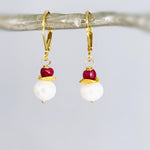 Dainty Pearl and Ruby Earrings dangle 14k gold Sterling Silver dangly handmade red gemstone freshwater pearl jewelry July birthstone gift