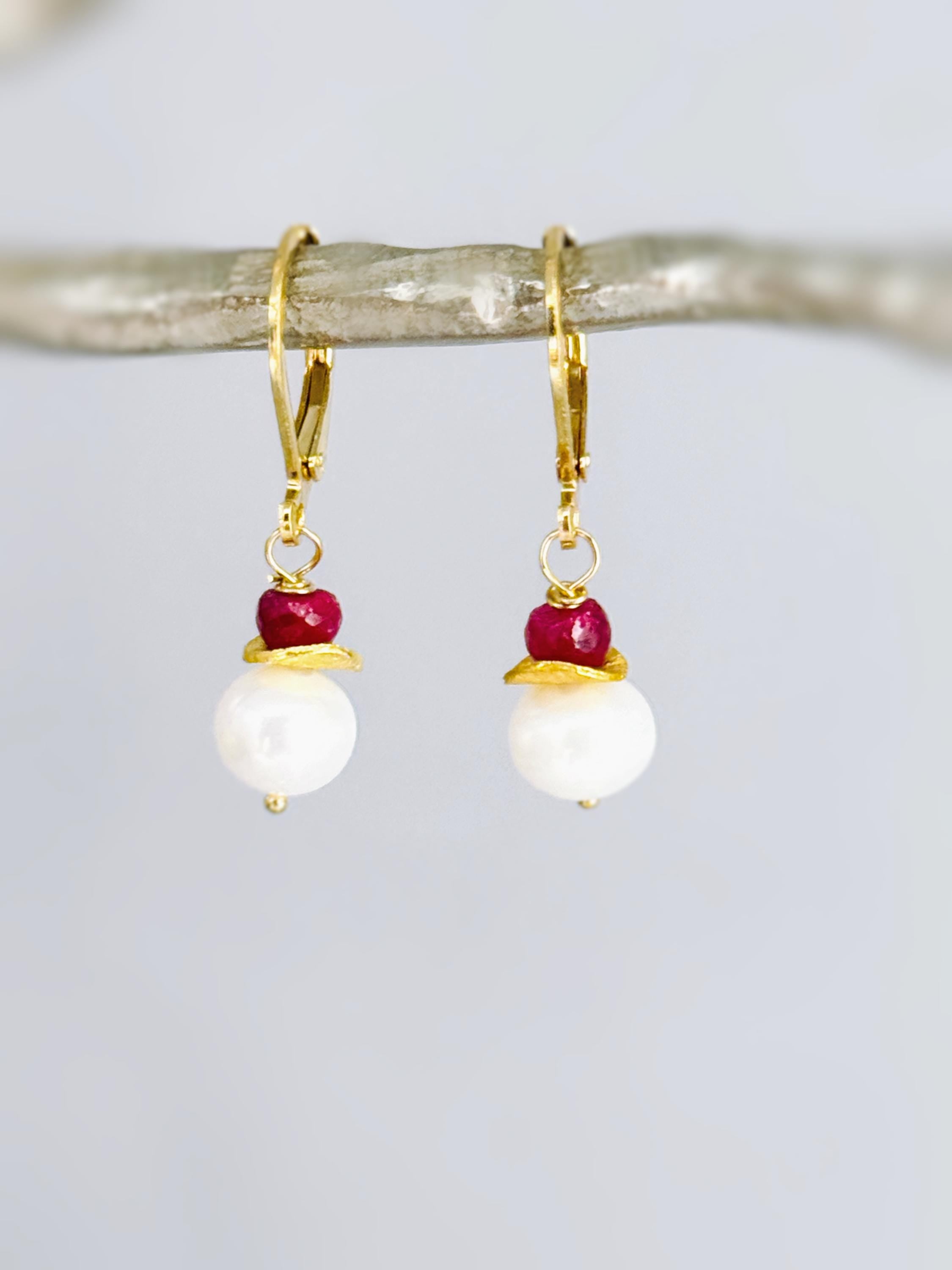 Dainty Pearl and Ruby Earrings dangle 14k gold Sterling Silver dangly handmade red gemstone freshwater pearl jewelry July birthstone gift