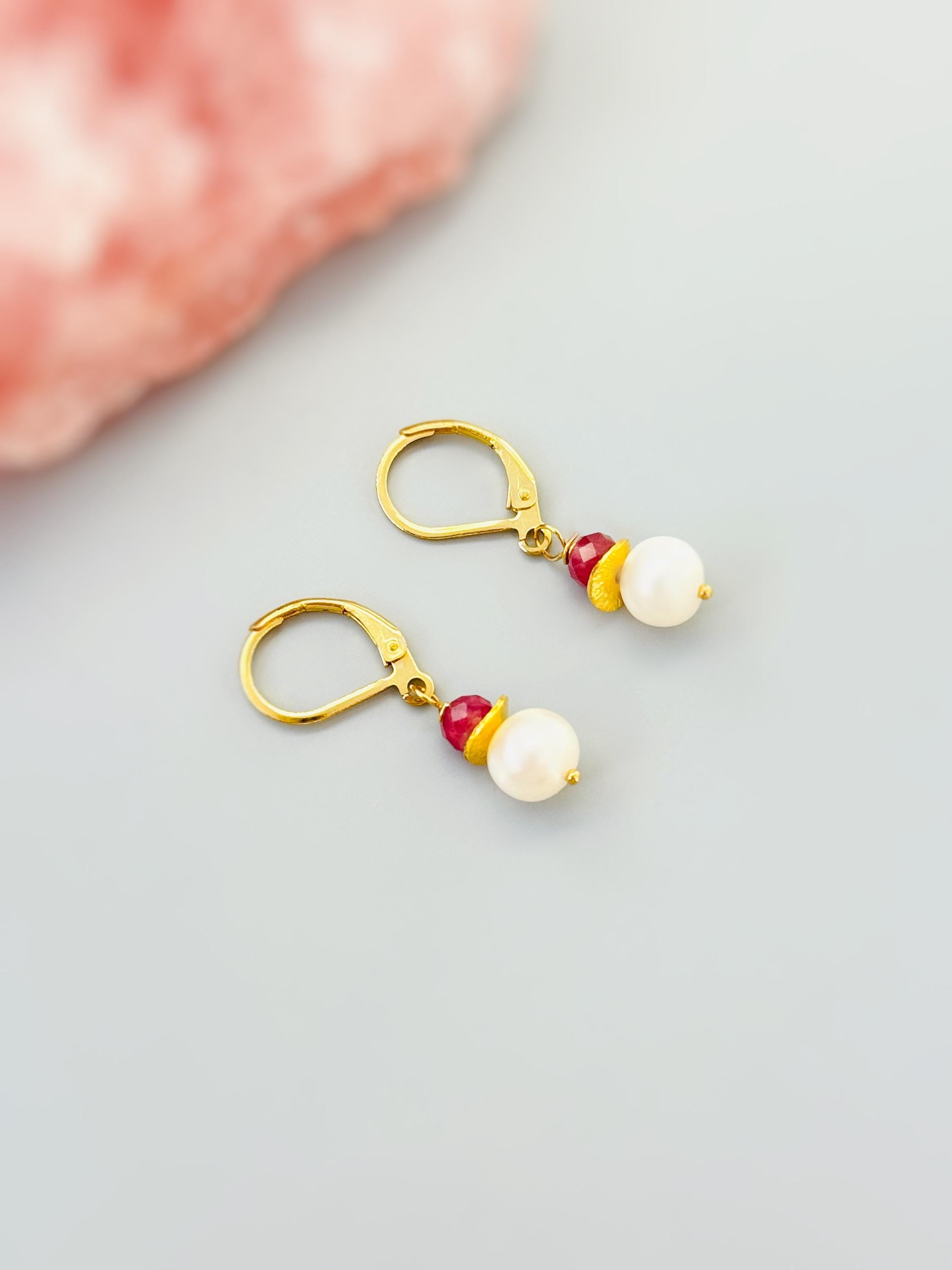 Dainty Pearl and Ruby Earrings dangle 14k gold Sterling Silver dangly handmade red gemstone freshwater pearl jewelry July birthstone gift