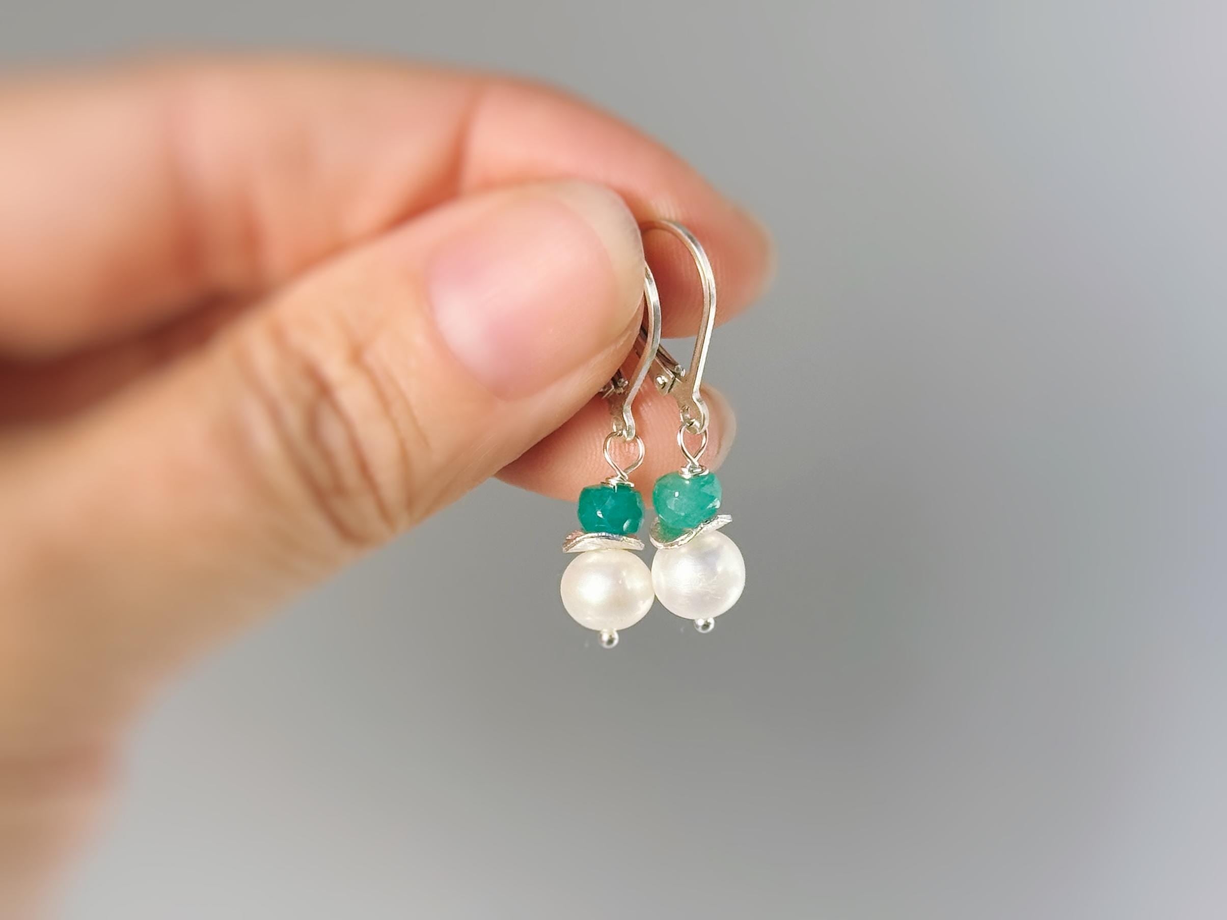Dainty Pearl and Emerald Earrings dangle 14k gold, Sterling Silver dangly handmade green gemstone freshwater pearl jewelry May birthstone