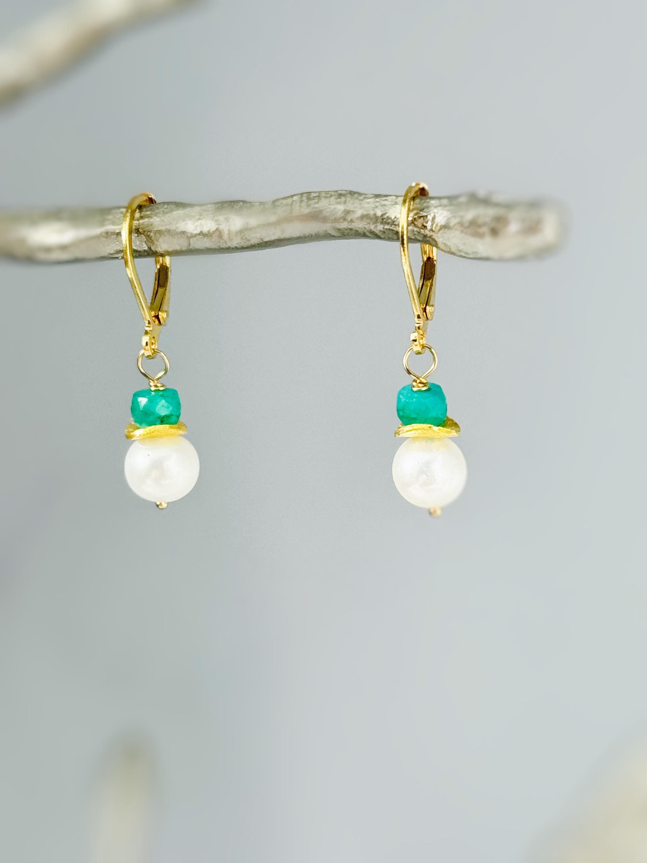 Dainty Pearl and Emerald Earrings dangle 14k gold, Sterling Silver dangly handmade green gemstone freshwater pearl jewelry May birthstone
