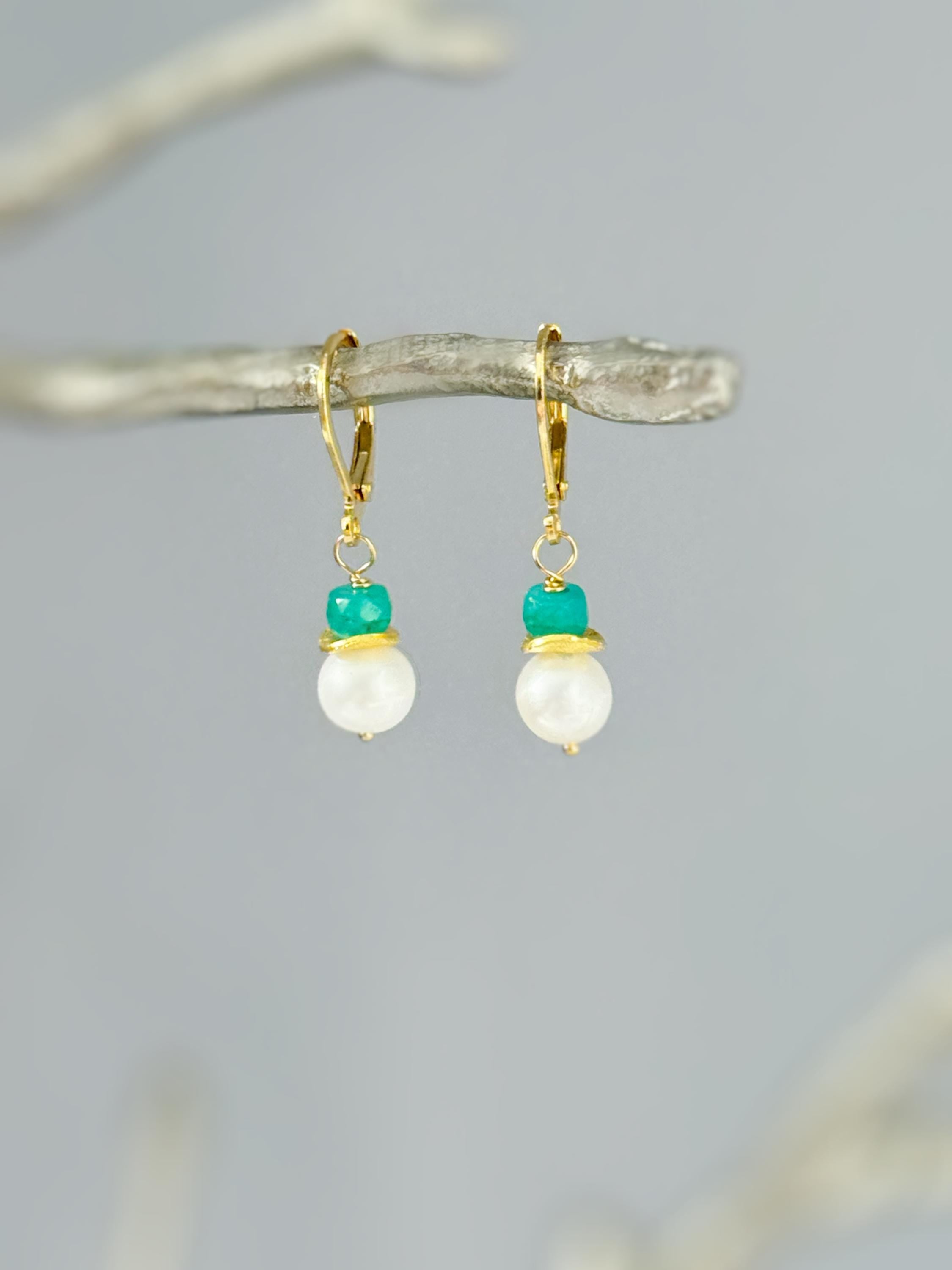 Dainty Pearl and Emerald Earrings dangle 14k gold, Sterling Silver dangly handmade green gemstone freshwater pearl jewelry May birthstone