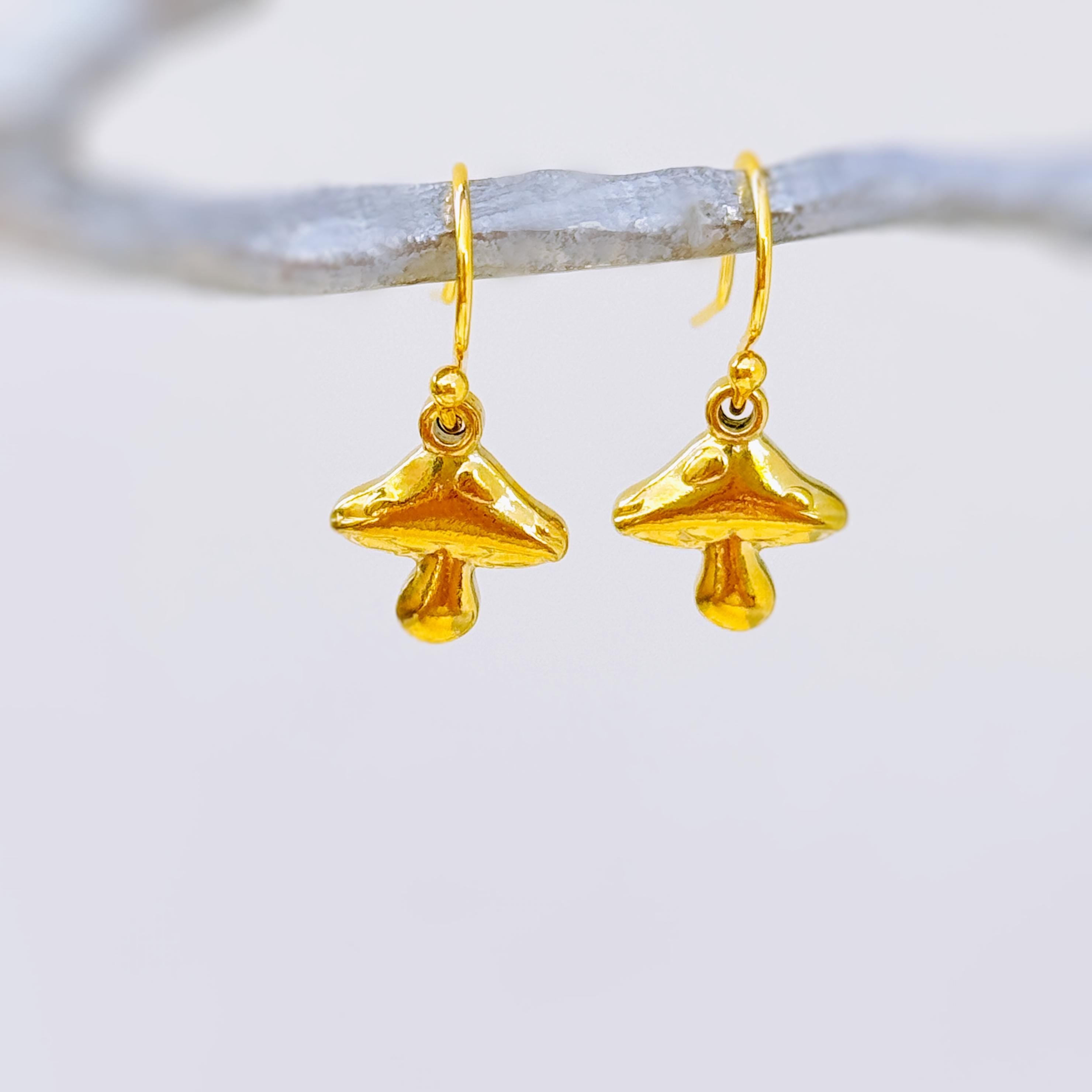 Gold Mushroom Earrings dangle handmade Cottagecore Jewelry unique dangling charm earrings gift for gardener nature plant lover sister bff