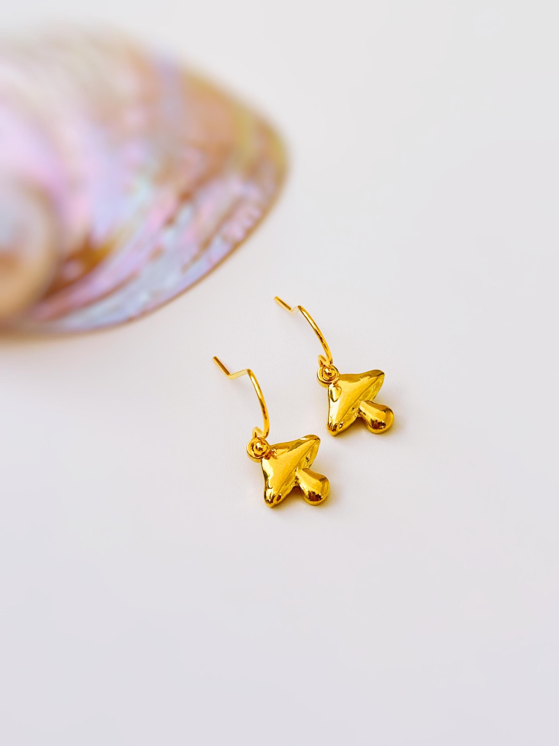 Gold Mushroom Earrings dangle handmade Cottagecore Jewelry unique dangling charm earrings gift for gardener nature plant lover sister bff