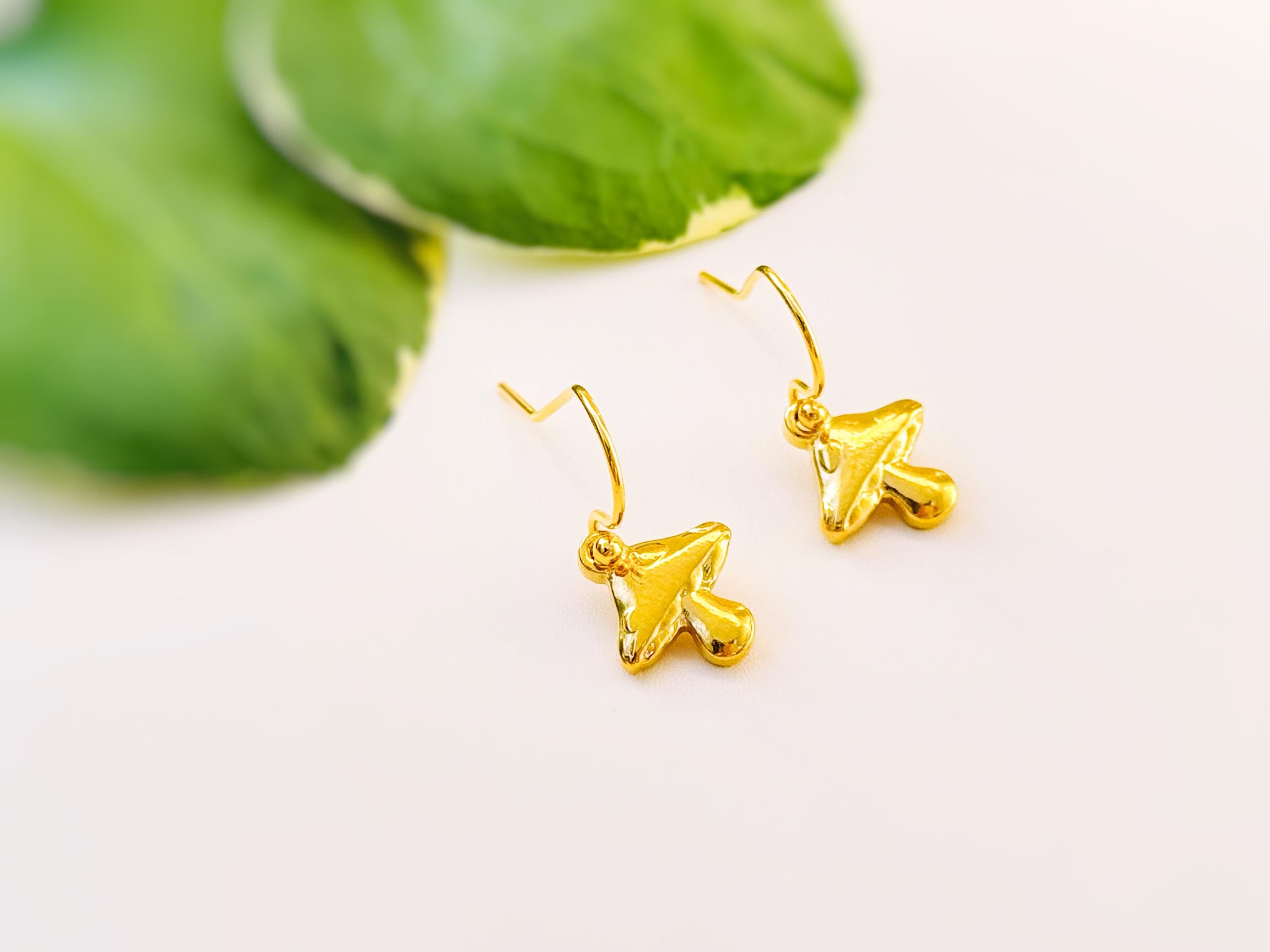 Gold Mushroom Earrings dangle handmade Cottagecore Jewelry unique dangling charm earrings gift for gardener nature plant lover sister bff