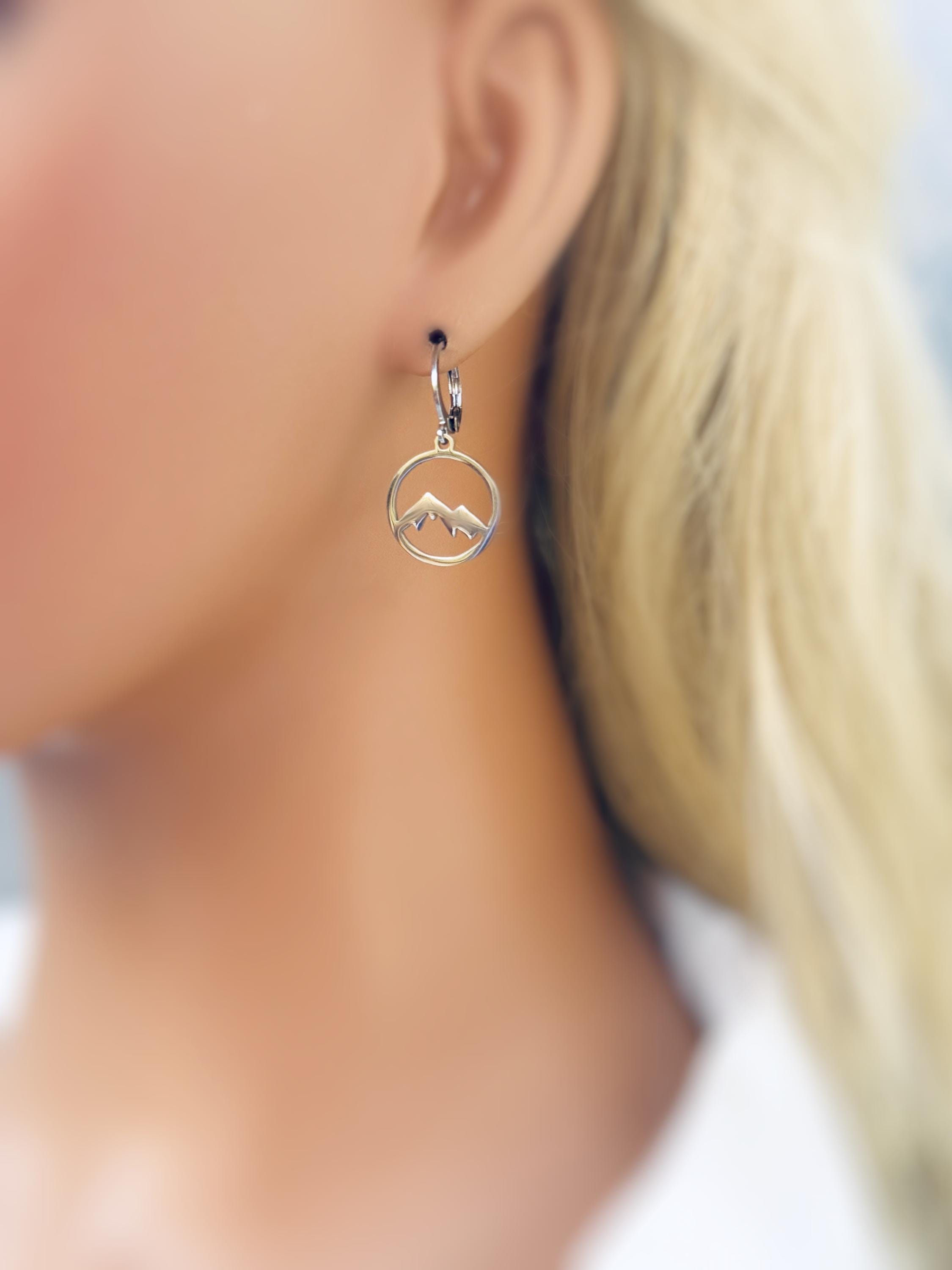 Silver Mountain Earrings Huggie Hoop dangle gold hoops handmade nature jewelry gift for hikers, campers, skiers bff Colorado smoky mountains