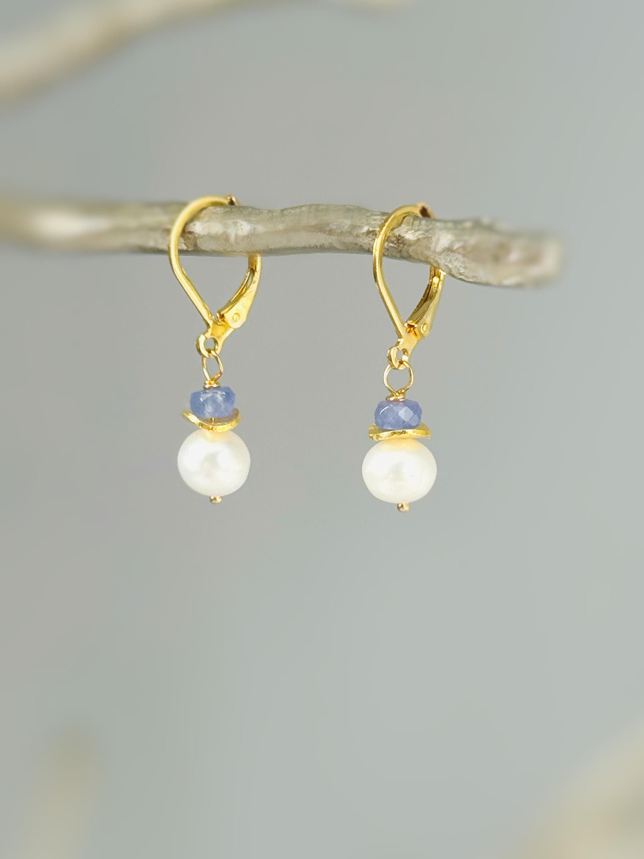 Dainty Tanzanite and Pearl Earrings dangle 14k gold , Sterling Silver handmade purple gemstone freshwater pearl jewelry December birthstone