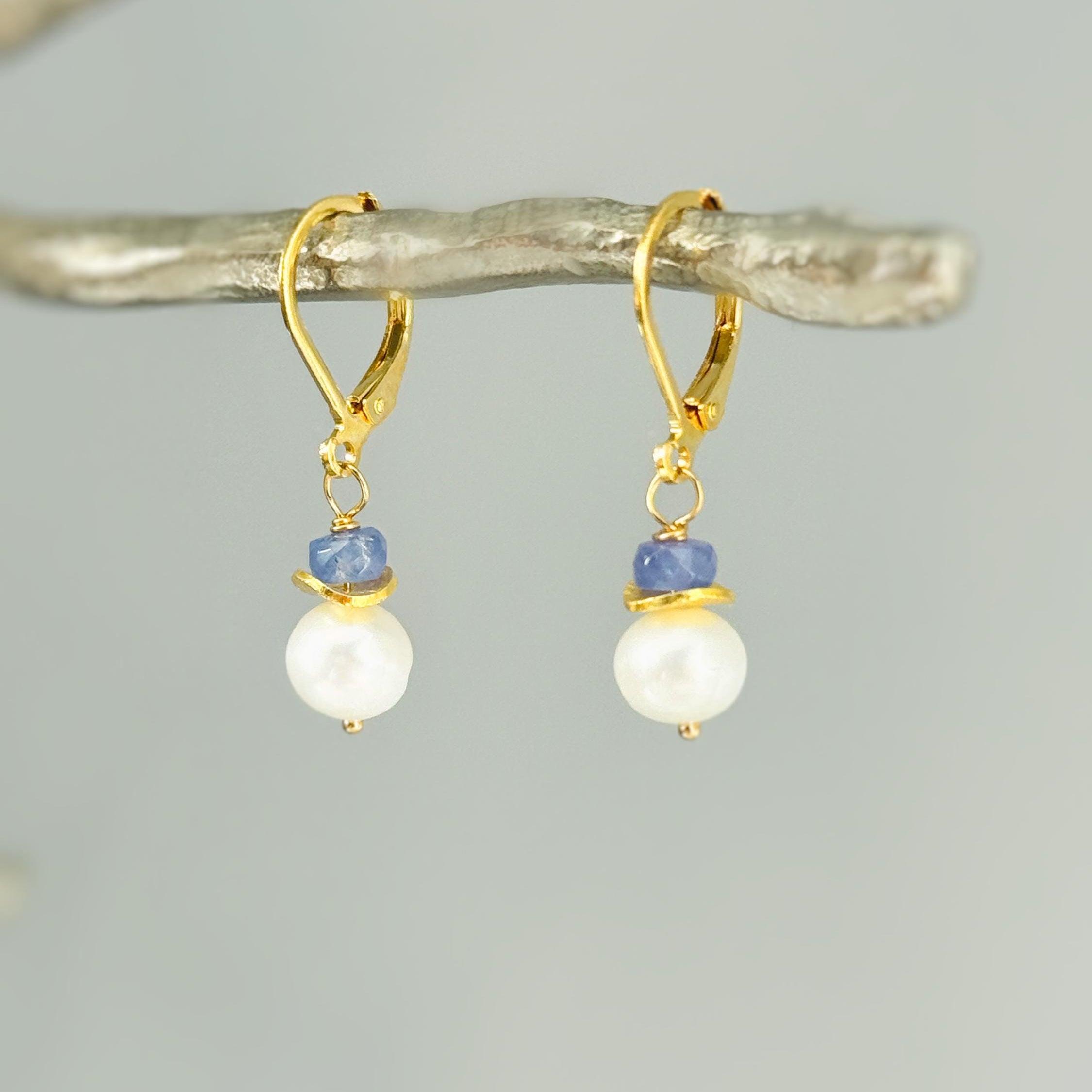Dainty Pearl and Tanzanite Earrings dangle 14k gold , Sterling Silver handmade purple gemstone freshwater pearl jewelry December birthstone