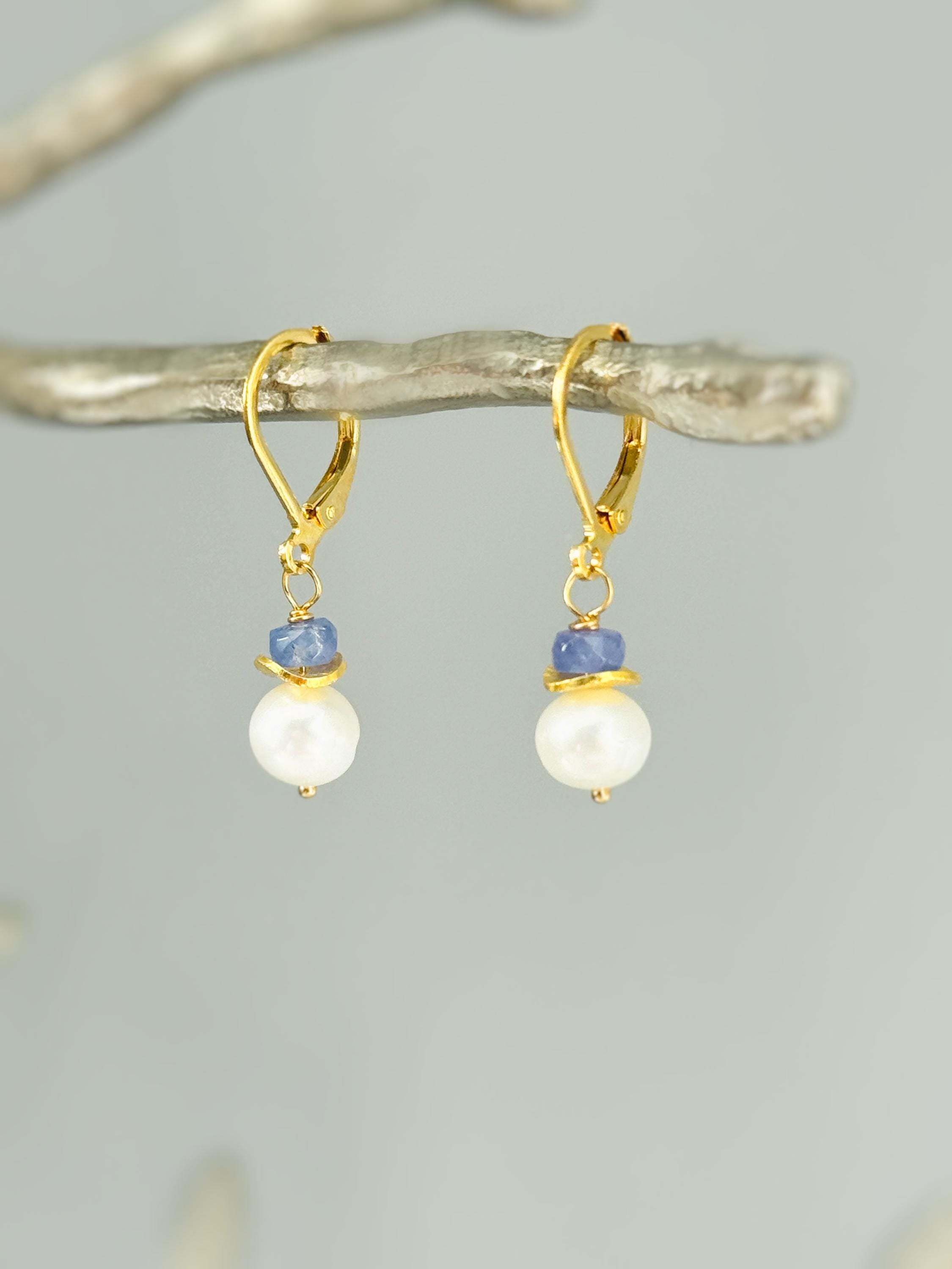 Dainty Pearl and Tanzanite Earrings dangle 14k gold , Sterling Silver handmade purple gemstone freshwater pearl jewelry December birthstone