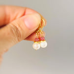 Dainty Pearl and Pink Sapphire Earrings dangle 14k gold Sterling Silver handmade gemstone freshwater pearl jewelry September birthstone gift