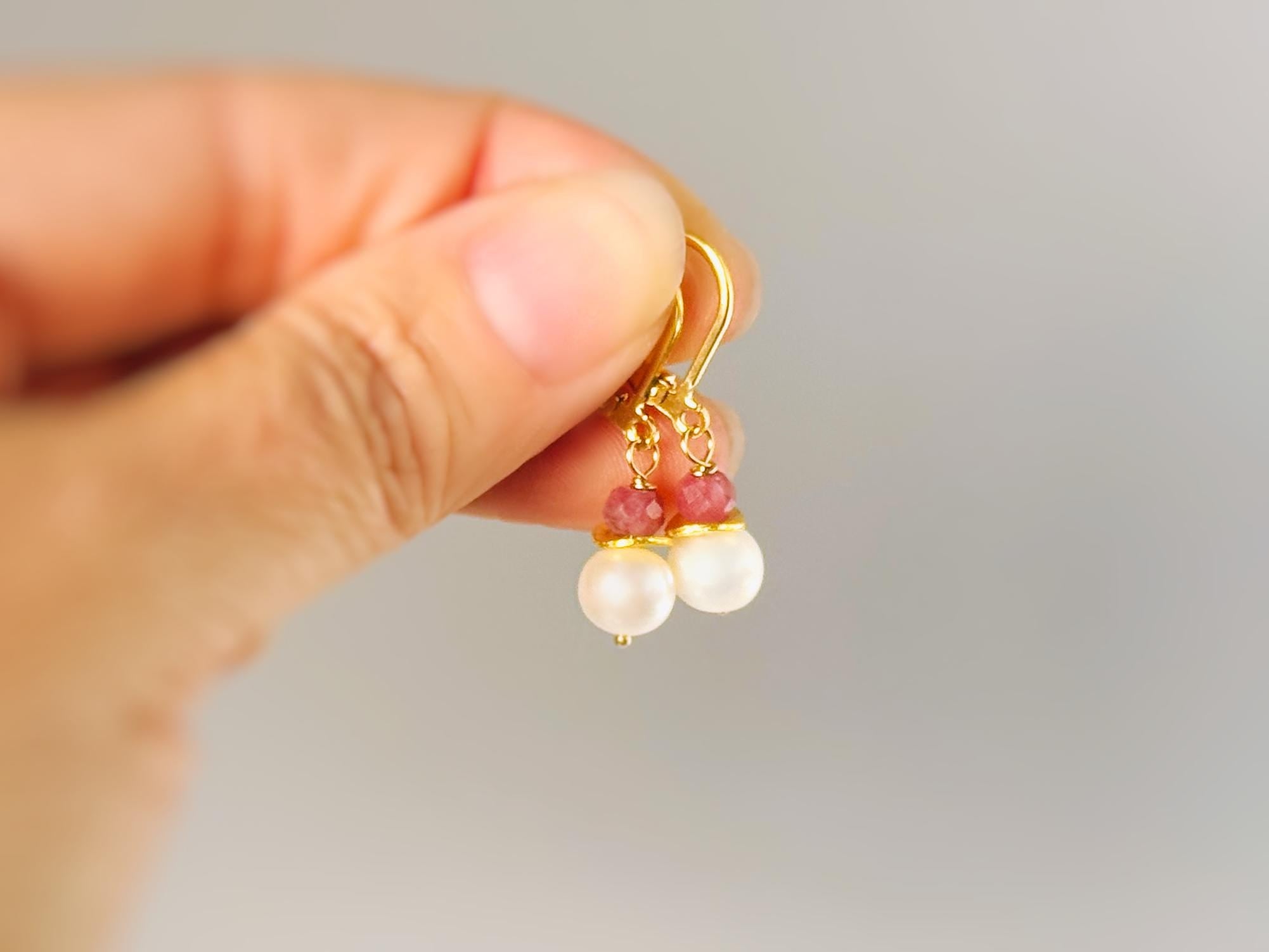 Dainty Pearl and Pink Sapphire Earrings dangle 14k gold Sterling Silver handmade gemstone freshwater pearl jewelry September birthstone gift