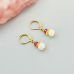 Dainty Pearl and Pink Sapphire Earrings dangle 14k gold Sterling Silver handmade gemstone freshwater pearl jewelry September birthstone gift