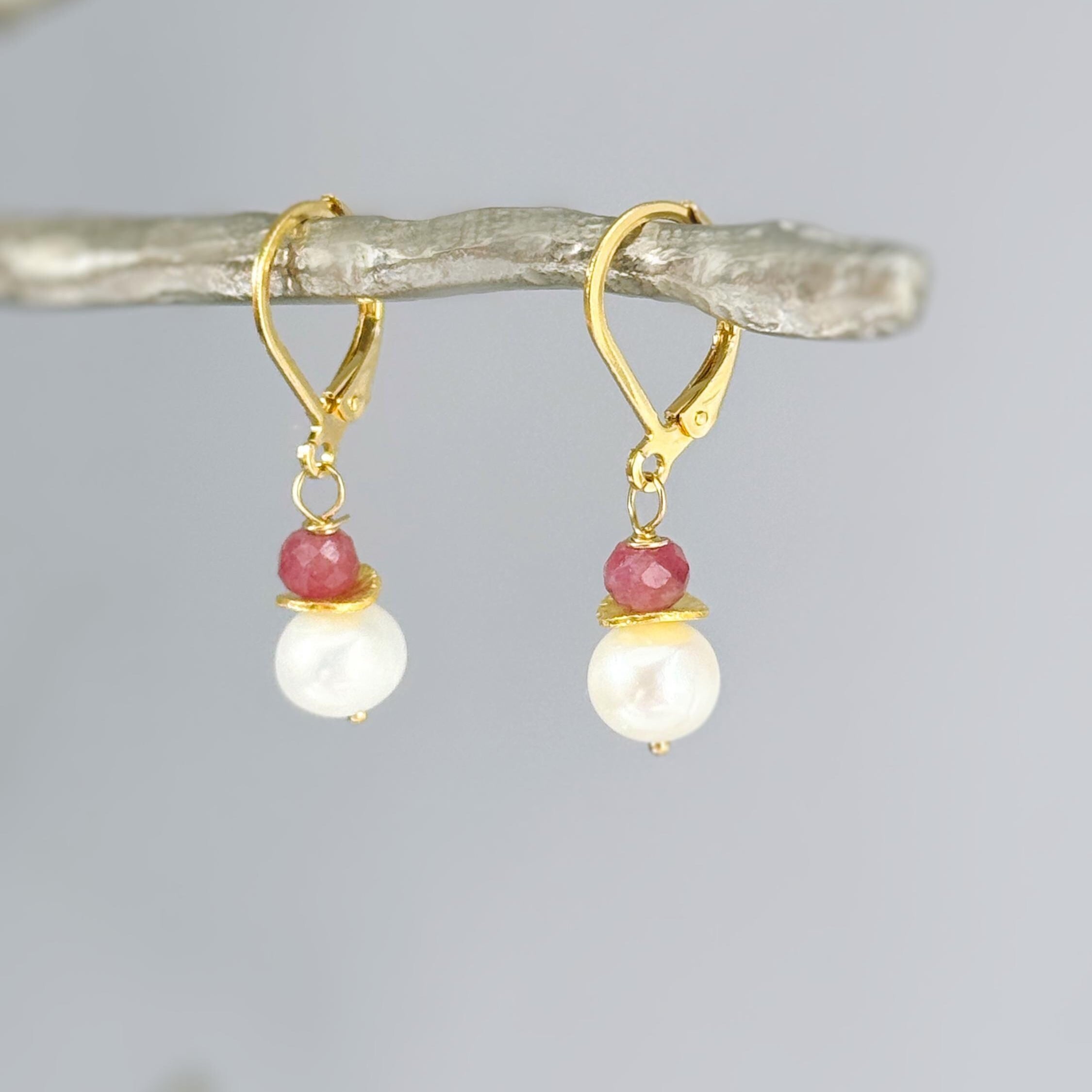Dainty Pearl and Pink Sapphire Earrings dangle 14k gold Sterling Silver handmade gemstone freshwater pearl jewelry September birthstone gift