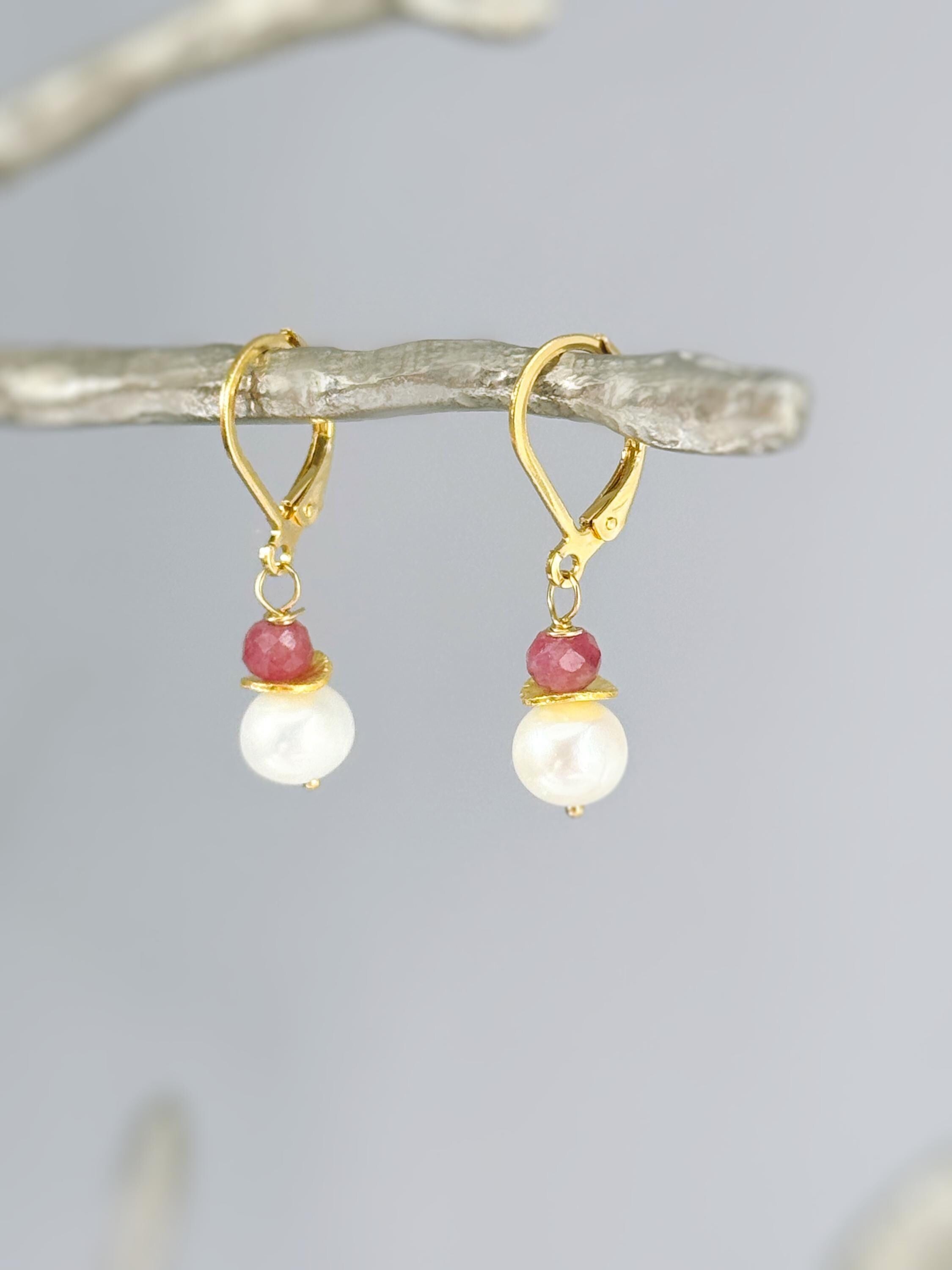 Dainty Pearl and Pink Sapphire Earrings dangle 14k gold Sterling Silver handmade gemstone freshwater pearl jewelry September birthstone gift