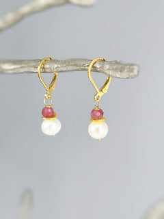 Dainty Pearl and Pink Sapphire Earrings dangle 14k gold Sterling Silver handmade gemstone freshwater pearl jewelry September birthstone gift