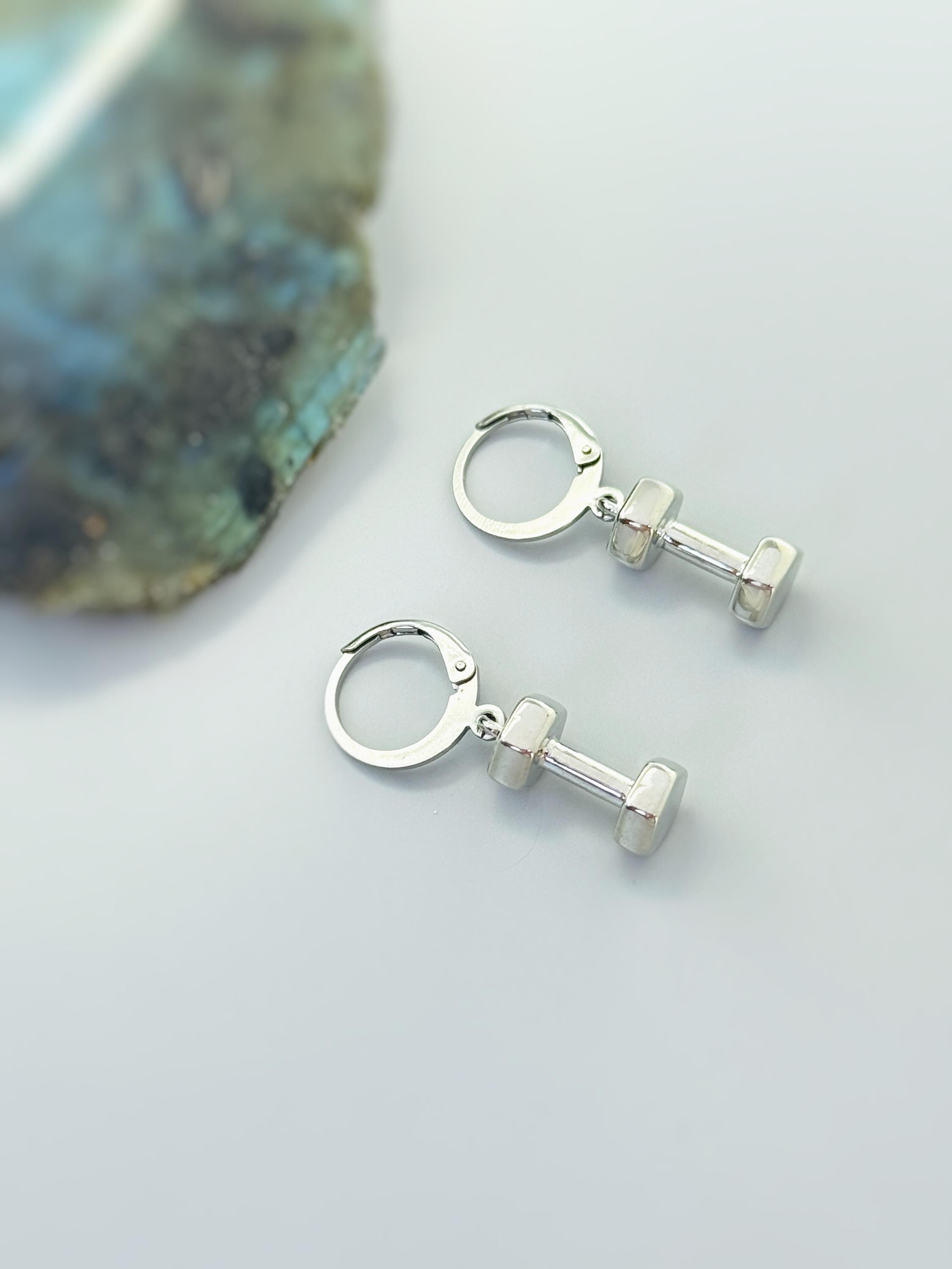 Gold, Silver Dumbbell Earrings Huggie Hoop dangle unique fitness accessories gym gift for personal trainers powerlifters, weightlifters, her