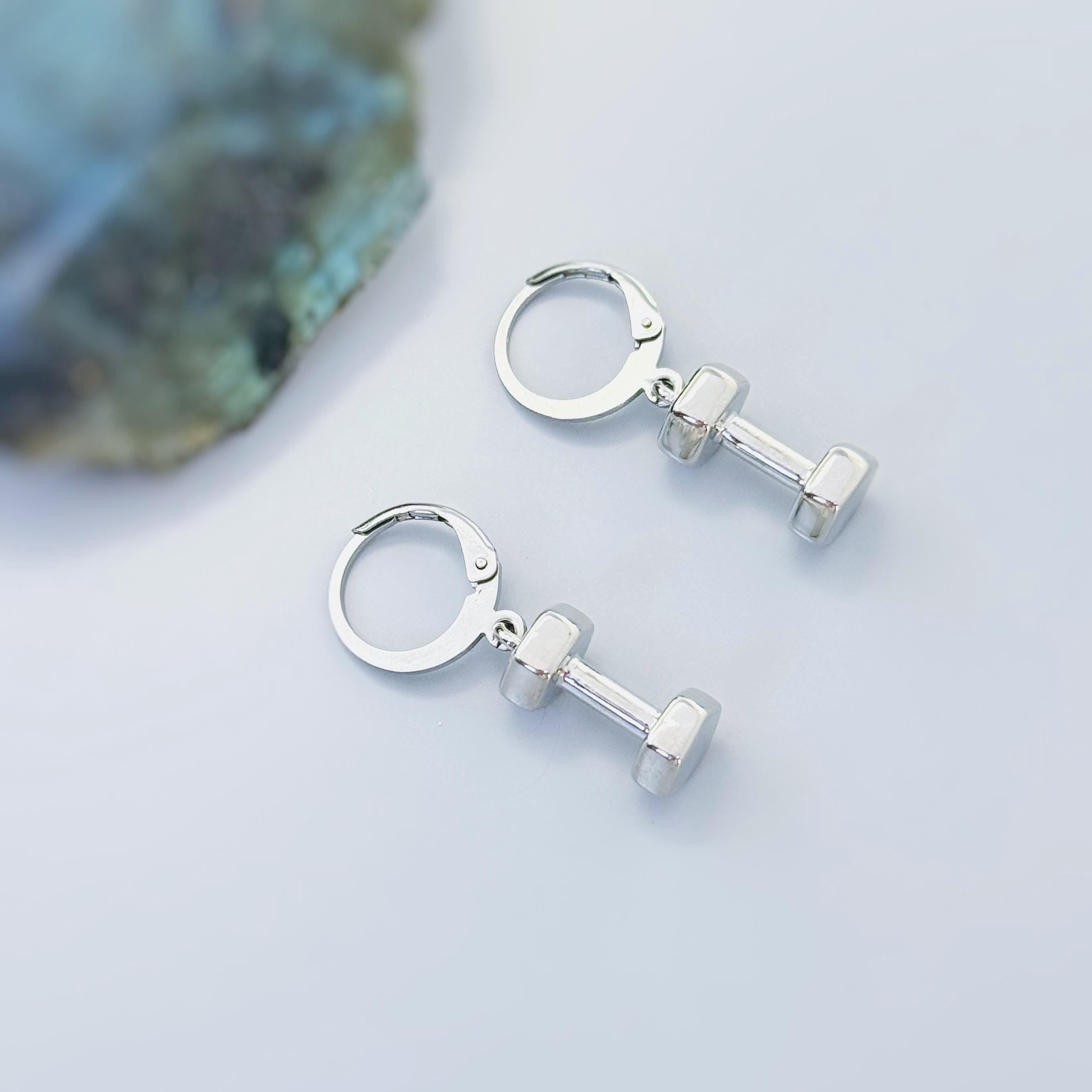 Silver Dumbbell Earrings Huggie Hoop dangle unique fitness accessories, gym gift for personal trainers, powerlifters,  weightlifters, women