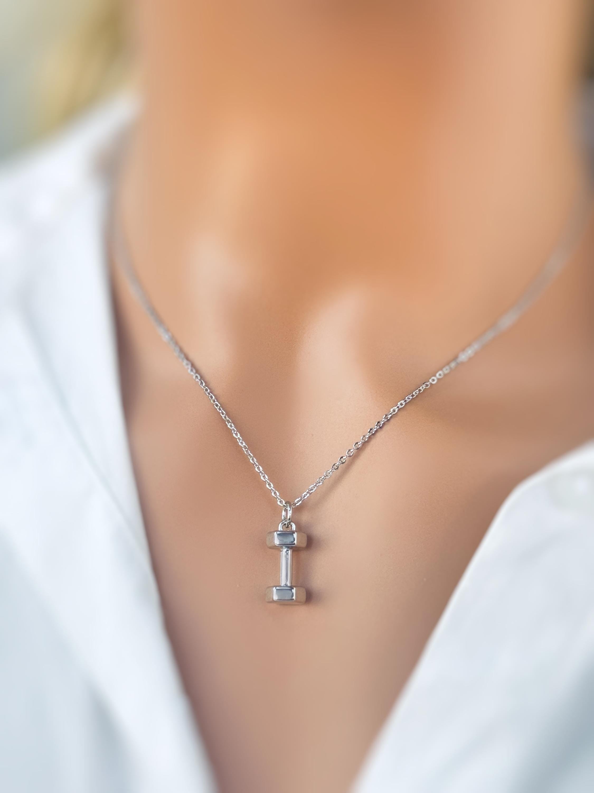 Dumbbell Necklace silver, gold unique fitness accessories gym gift for personal trainers, powerlifters, weightlifters, women, men, athletes