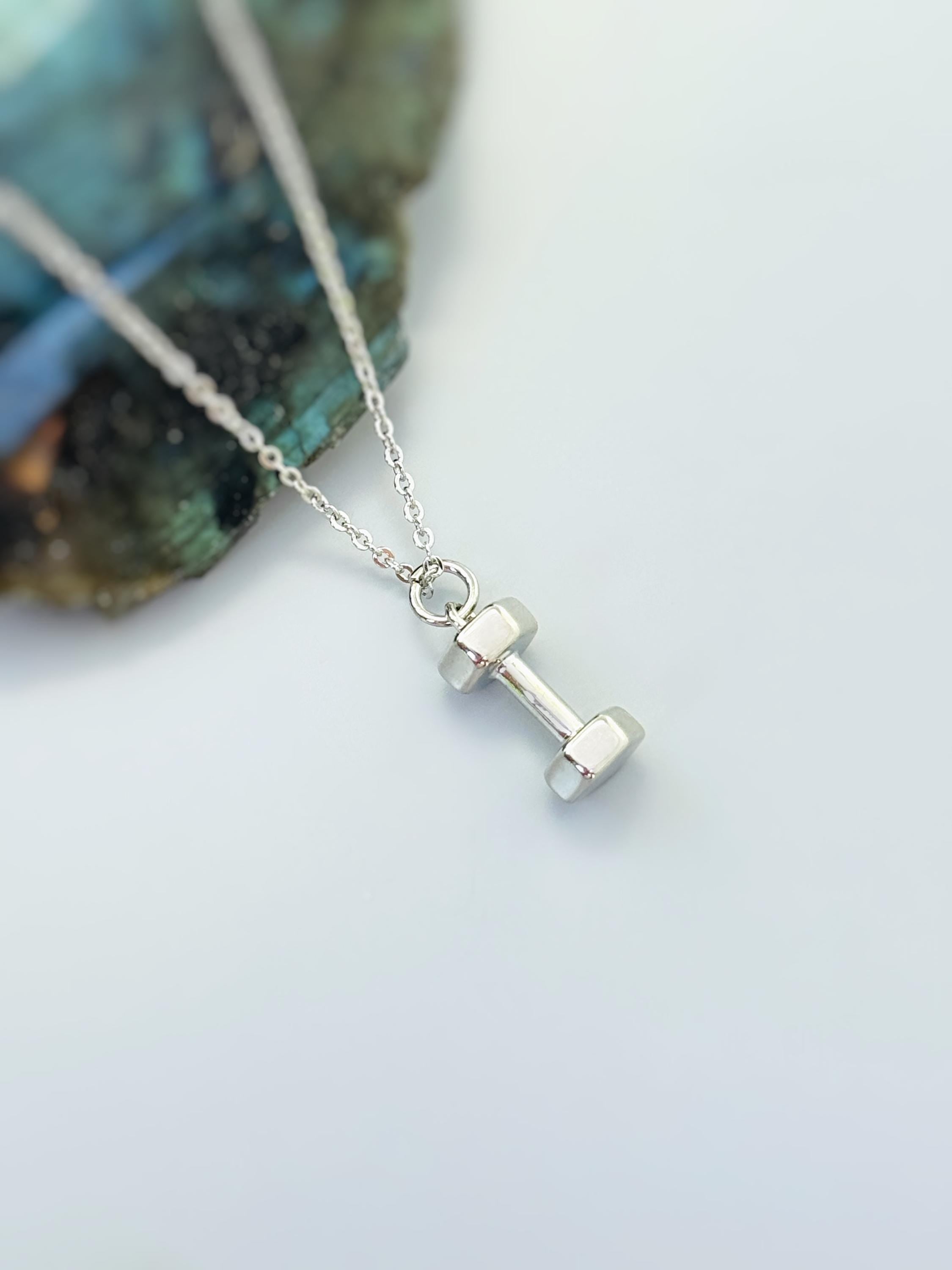 Dumbbell Necklace silver, gold unique fitness accessories gym gift for personal trainers, powerlifters, weightlifters, women, men, athletes