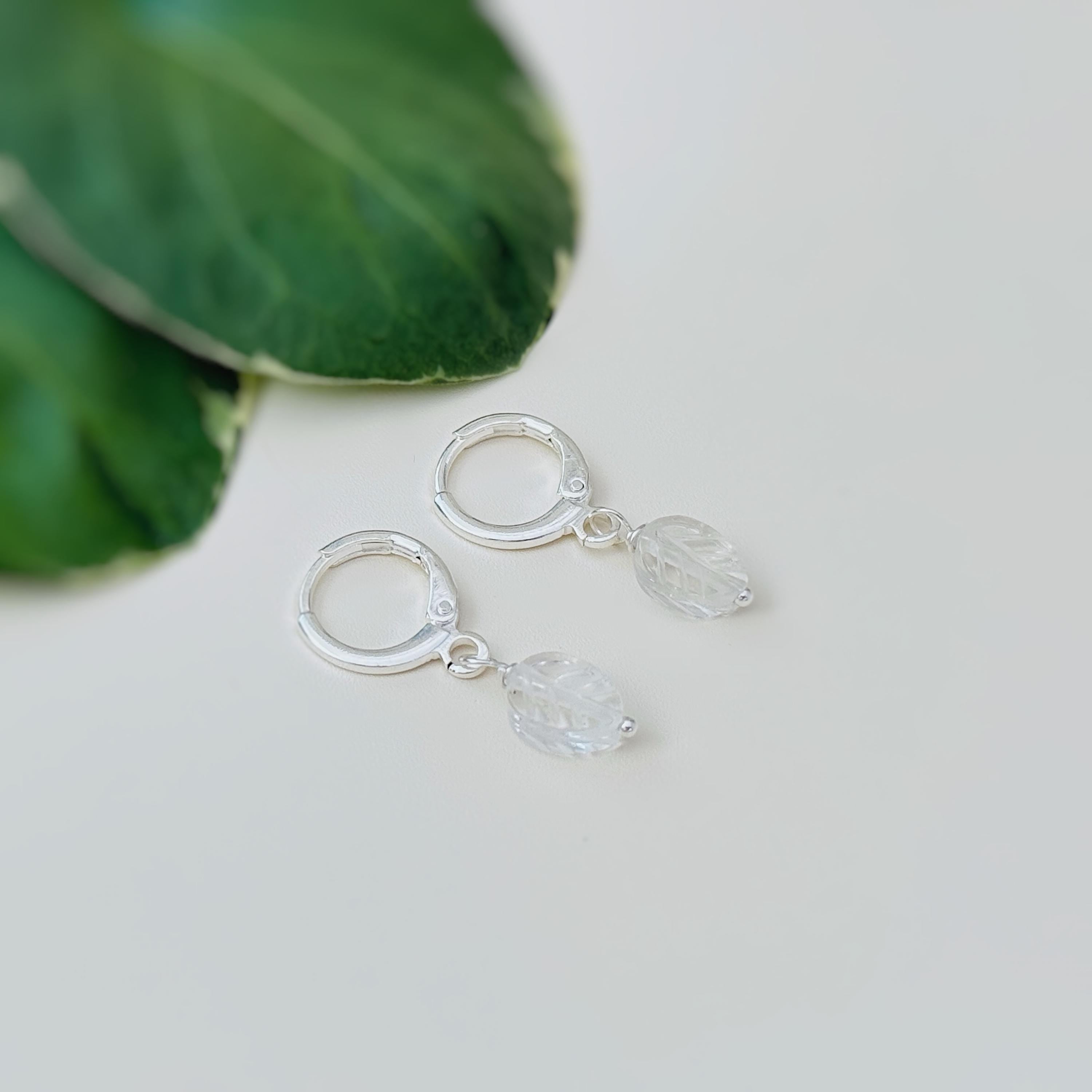 Tiny Quartz Crystal Leaf Earrings Gold Huggie Hoops Dangle charms Silver, Rose Gold gift for gardener girlfriend bff sister daughter mom bff