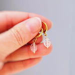 Tiny Quartz Crystal Leaf Earrings Gold Huggie Hoops Dangle charms Silver, Rose Gold gift for gardener girlfriend bff sister daughter mom bff