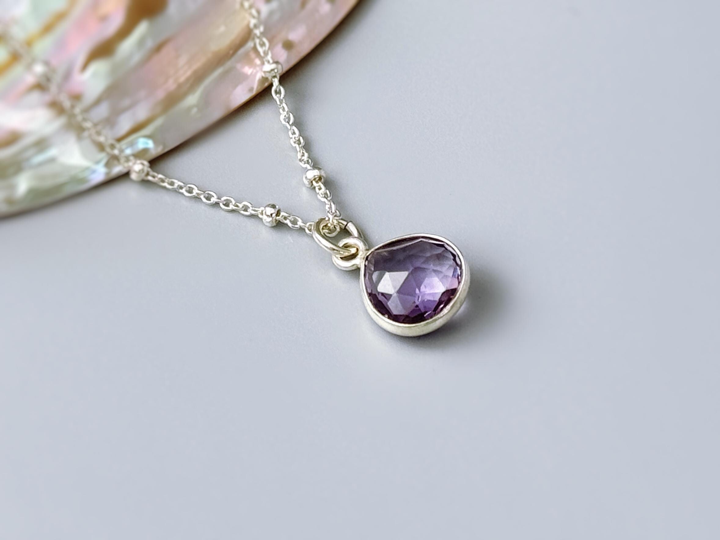 Pink Amethyst Necklace Sterling Silver handmade purple gemstone pendant February birthstone jewelry layering necklace for women gift for mom