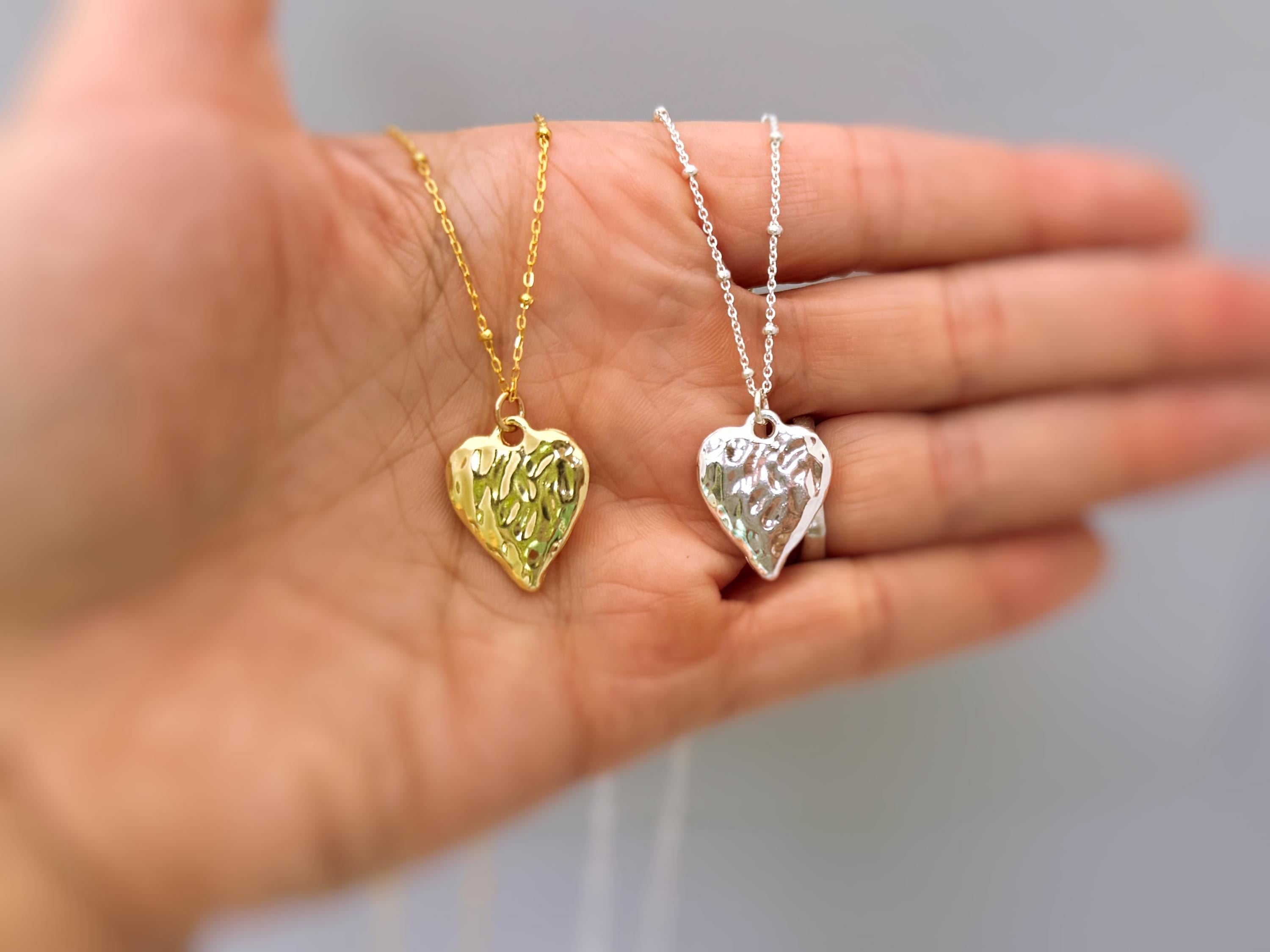 Hammered Gold Heart Necklace silver heart pendant for women romantic handmade jewelry gift for mom, grandma, wife, sister bff, girlfriend