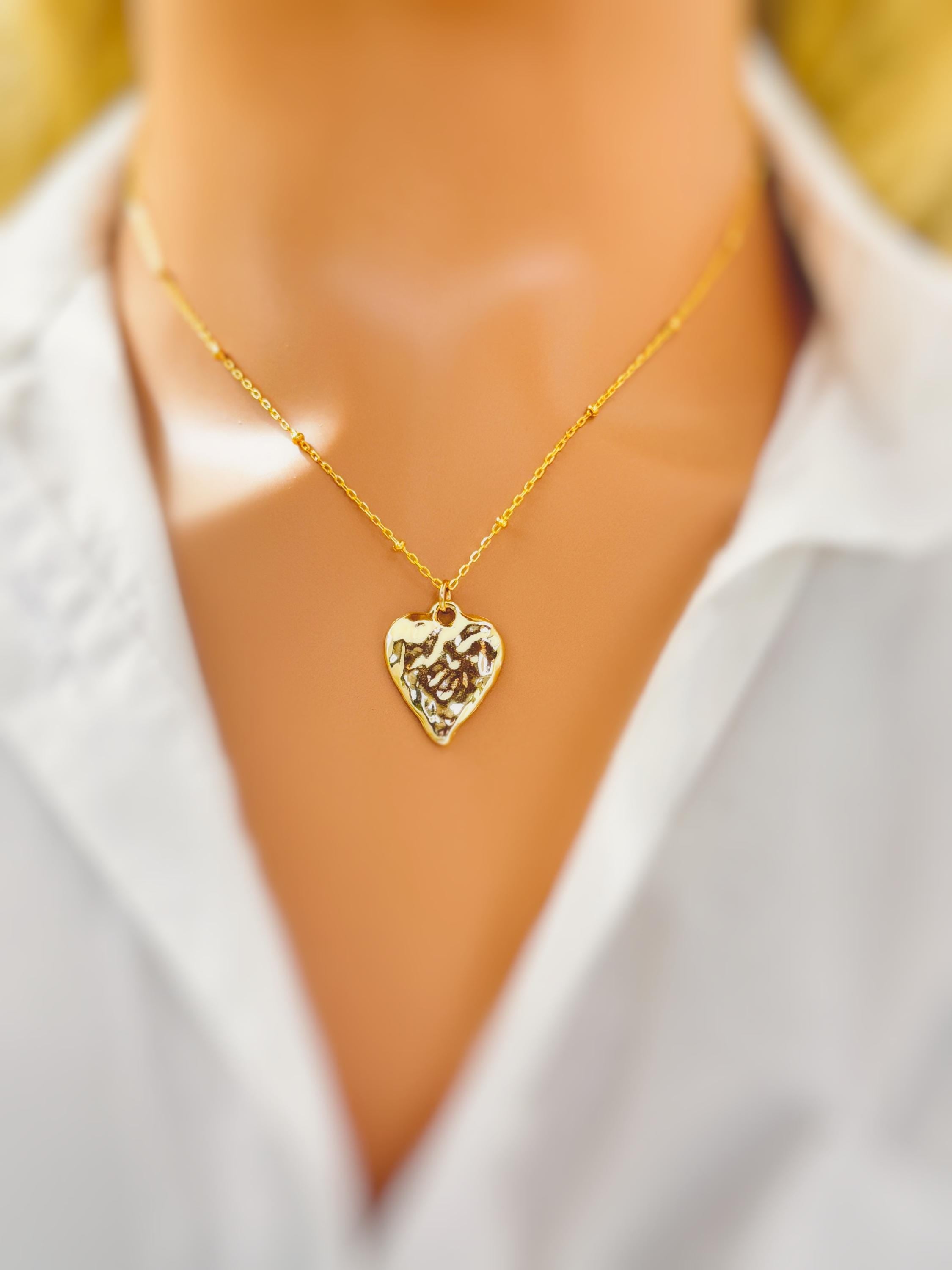 Hammered Gold Heart Necklace silver heart pendant for women romantic handmade jewelry gift for mom, grandma, wife, sister bff, girlfriend