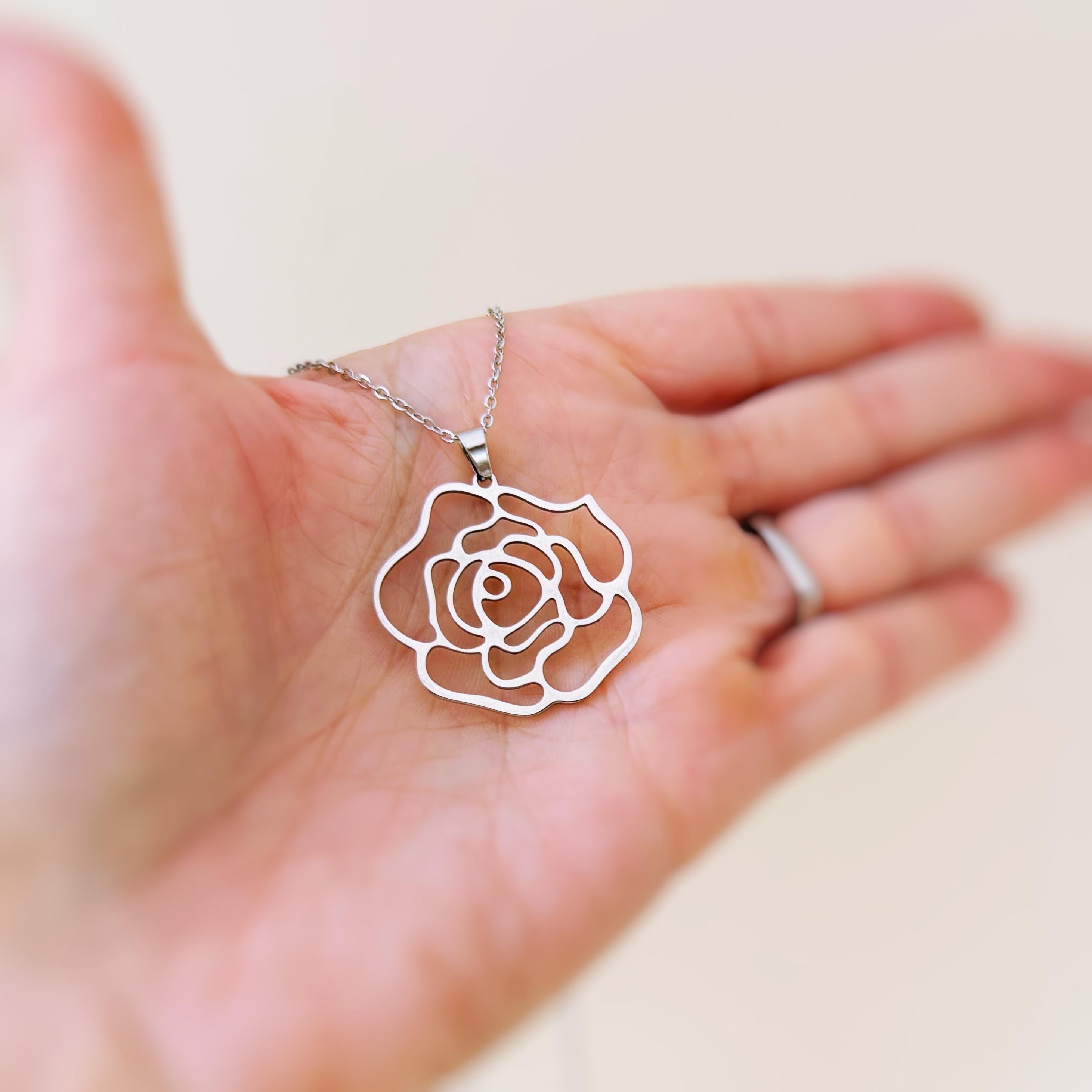 Silver Rose Necklace June birth flower pendant for women summer Birthflower jewelry for June birthday gift for gardener mom sister bff
