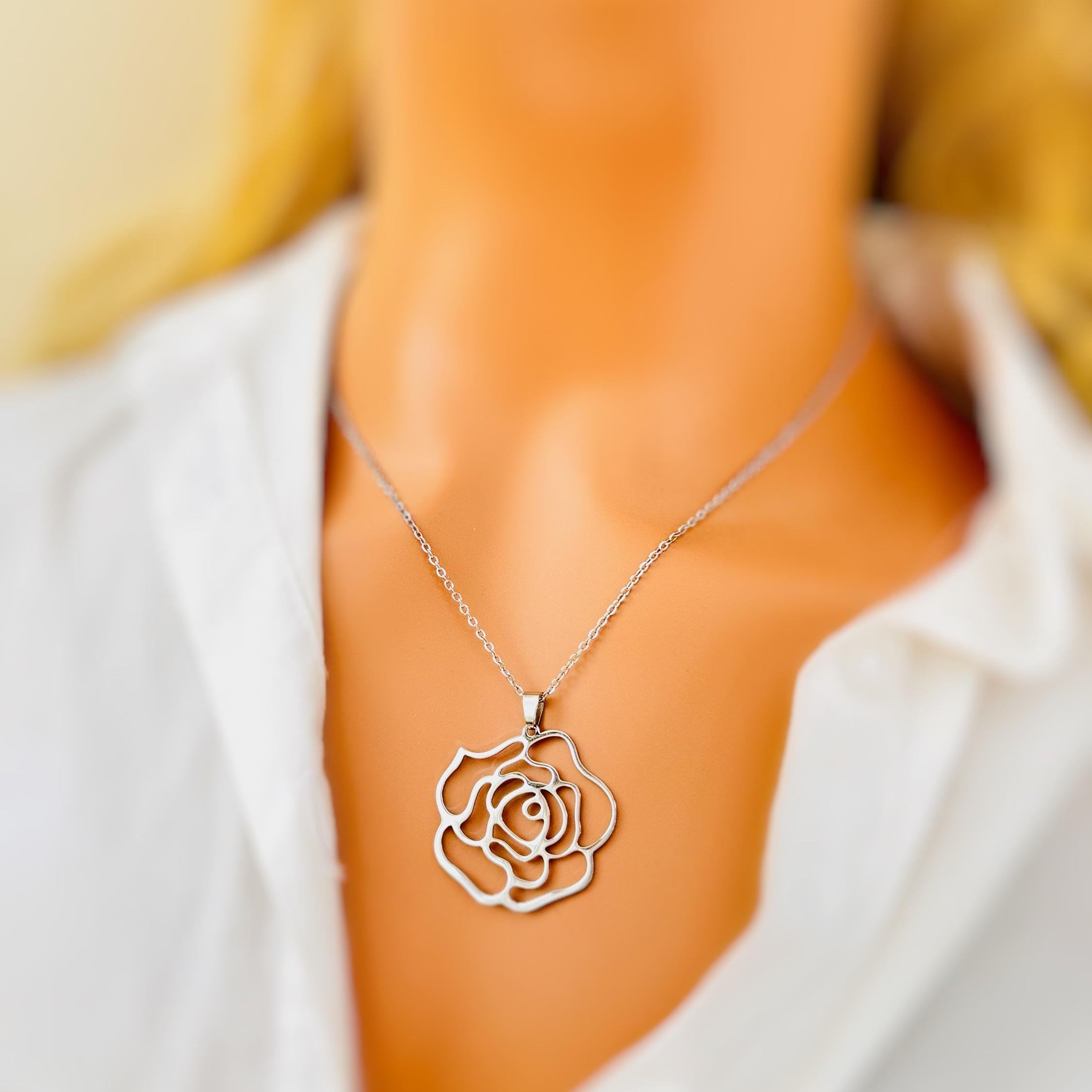Silver Rose Necklace June birth flower pendant for women summer Birthflower jewelry for June birthday gift for gardener mom sister bff