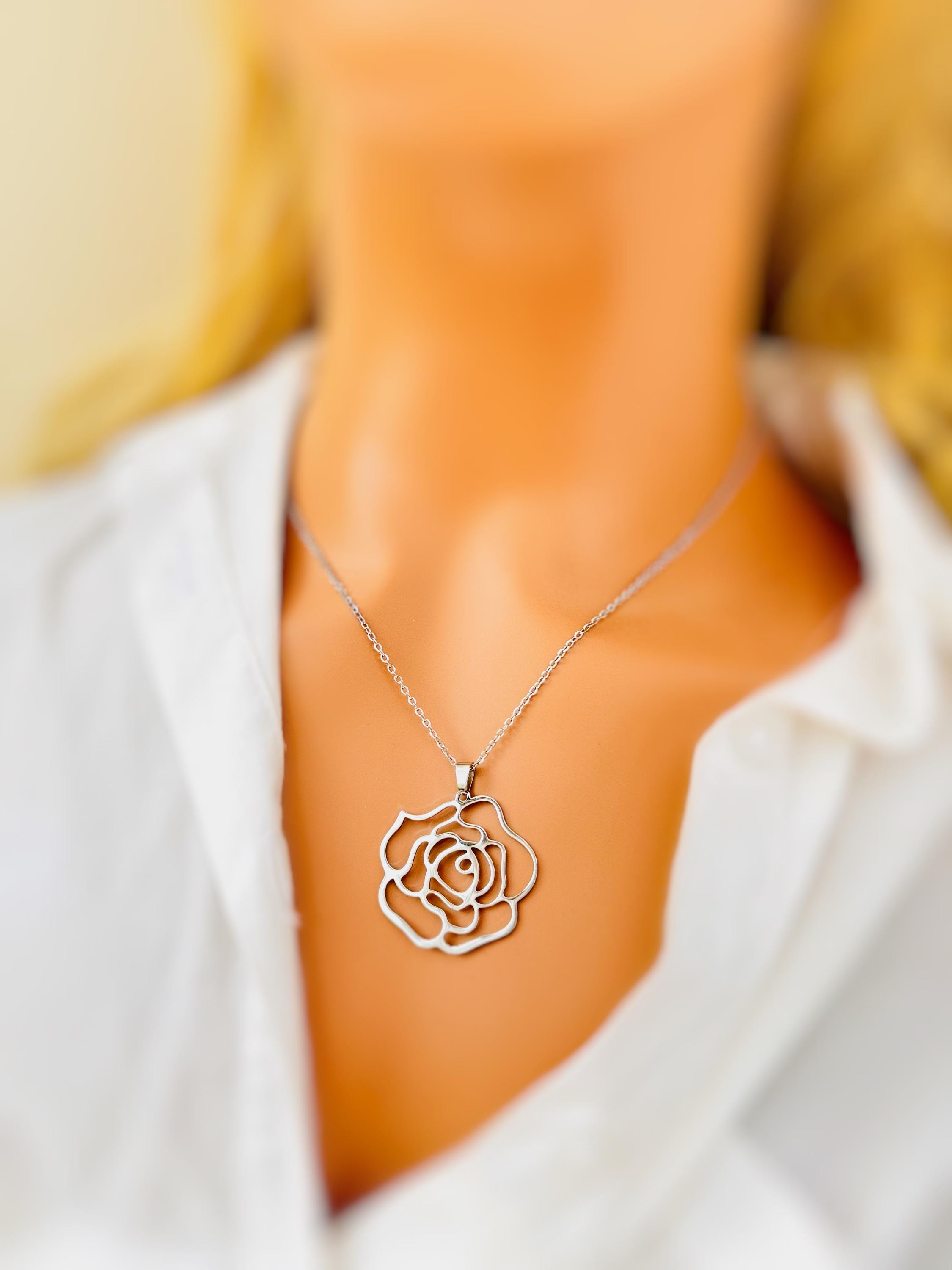 Silver Rose Necklace June birth flower pendant for women summer Birthflower jewelry for June birthday gift for gardener mom sister bff