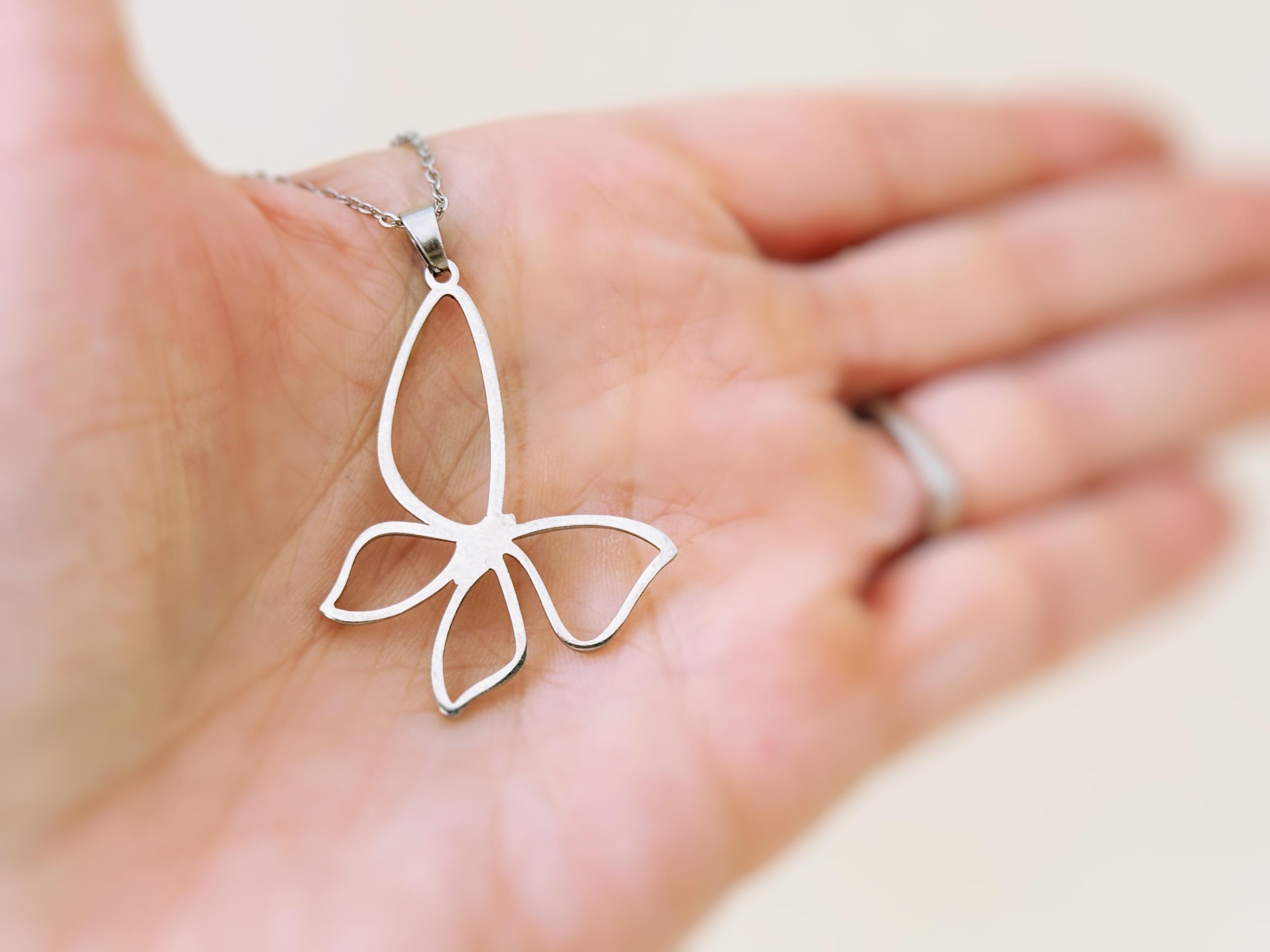 Silver Butterfly Necklace handmade unique minimalist jewelry gift for nature lovers gardeners, sister daughter, mom statement necklace steel