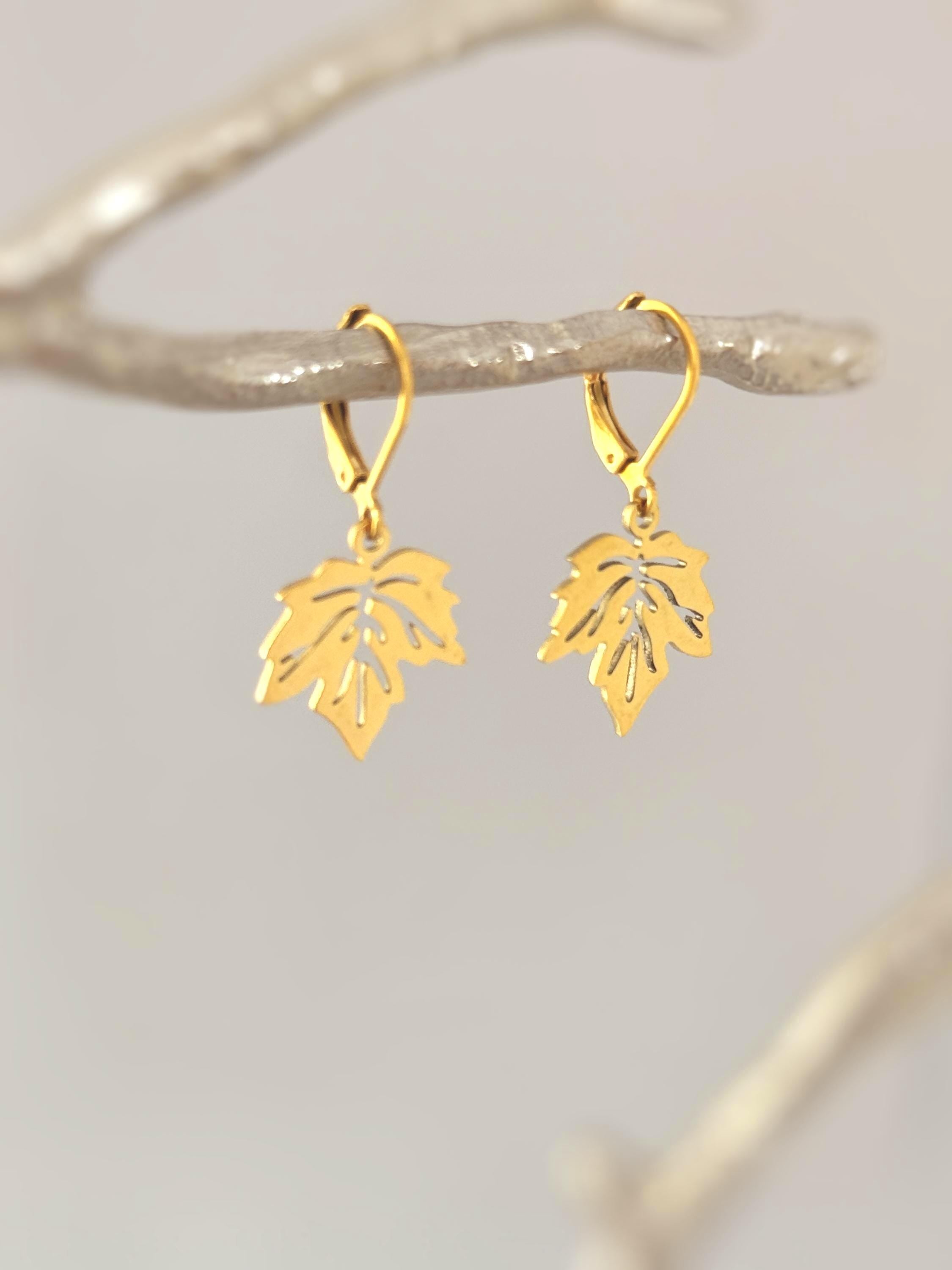 Maple Leaf Earrings dangle sterling silver, gold