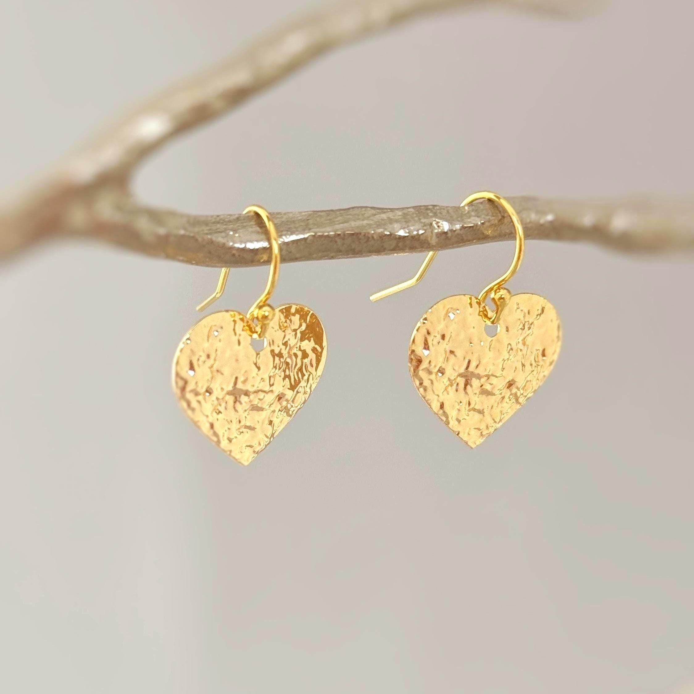 Heart Earrings Gold dangle drop 14k sparkly boho handmade lightweight statement heart jewelry romantic gift for wife, girlfriend mom, sister