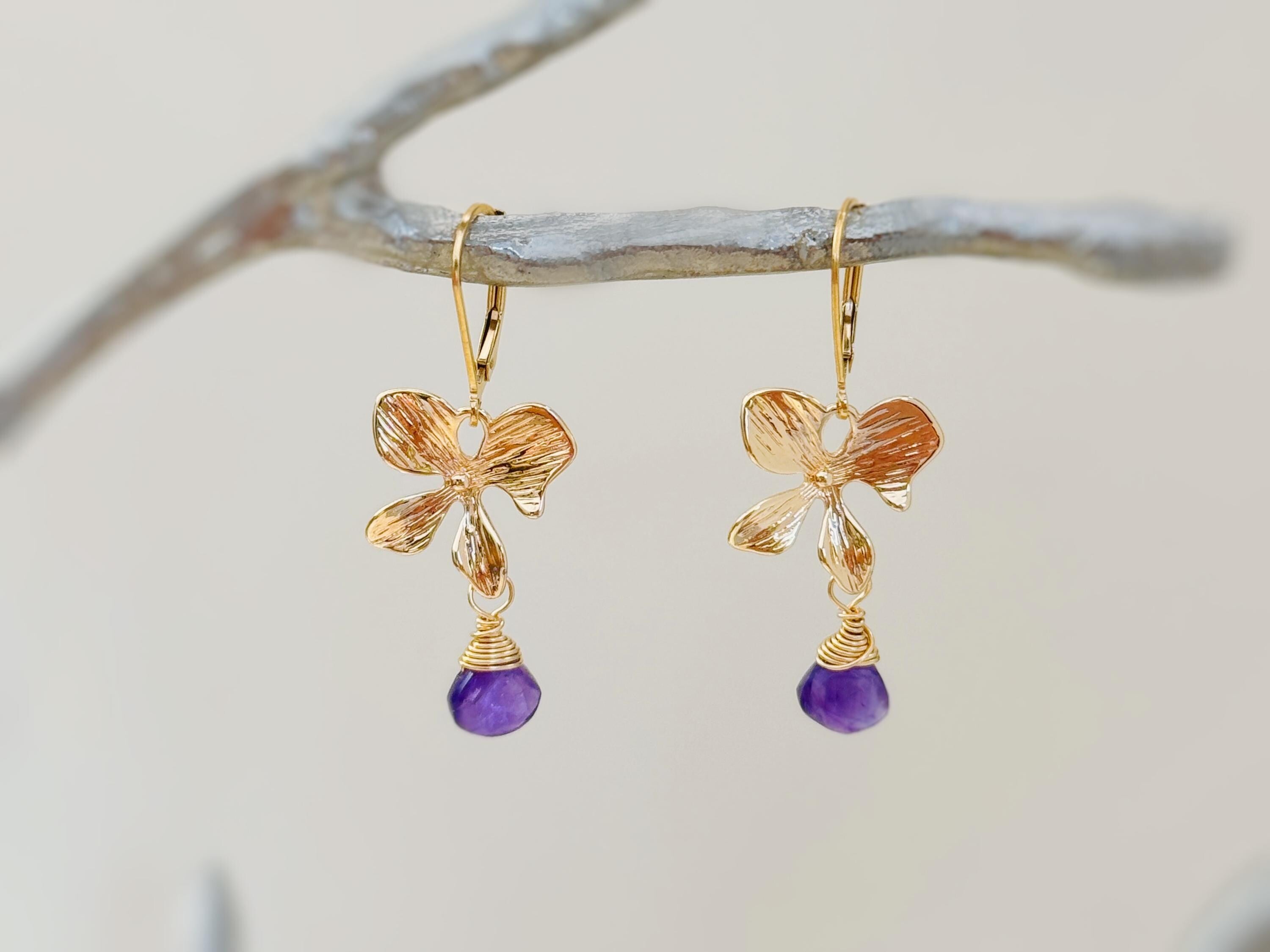 Amethyst Orchid Necklace 14k Gold Fill handmade flower pendant February purple Birthstone jewelry for women gift for mom, wife sister bff