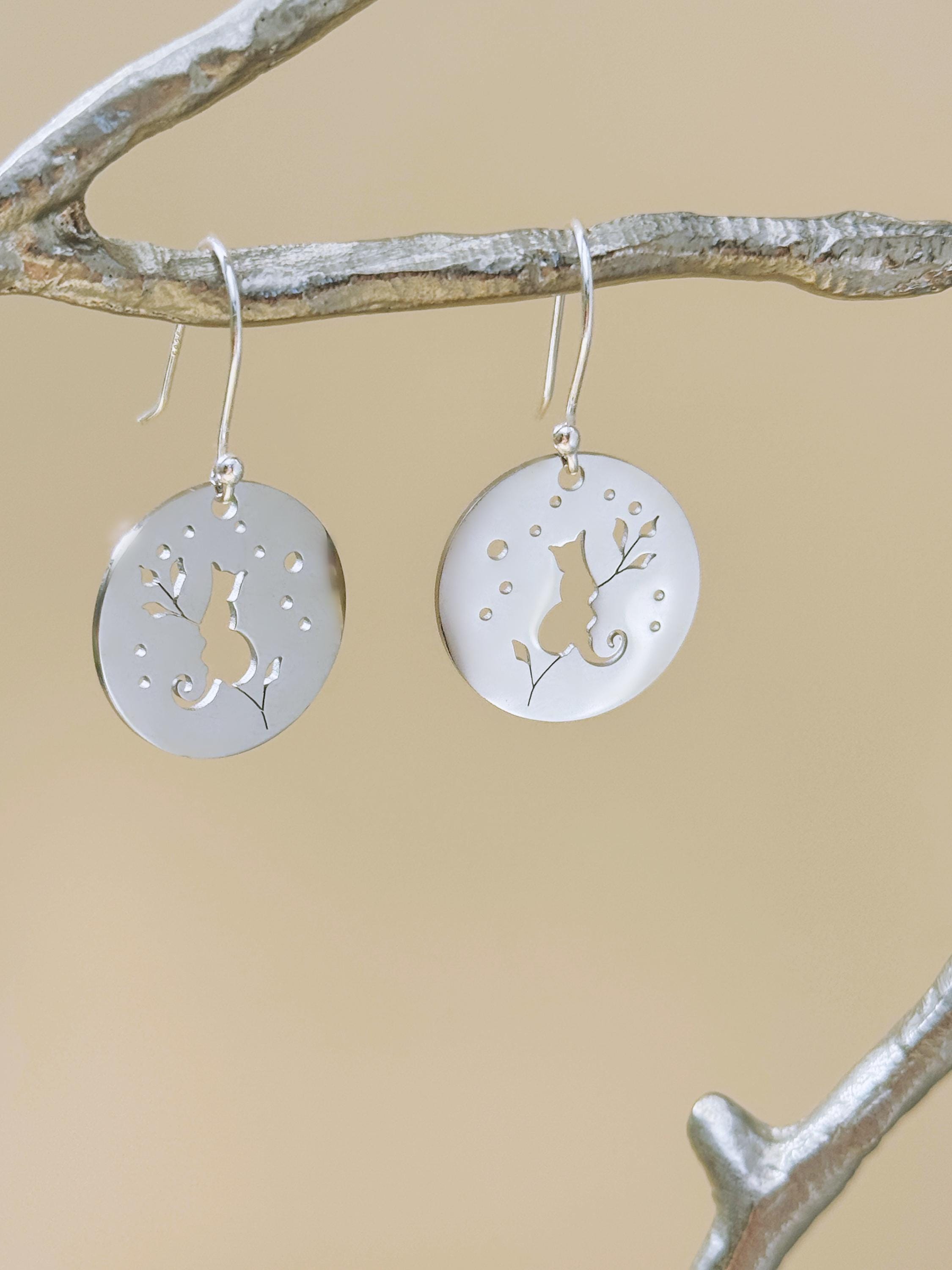 Cat Earrings dangle silver dangle handmade witchy jewelry whimsical spooky gothic earrings kitten kitty gift for cat lovers, mom, sister bff