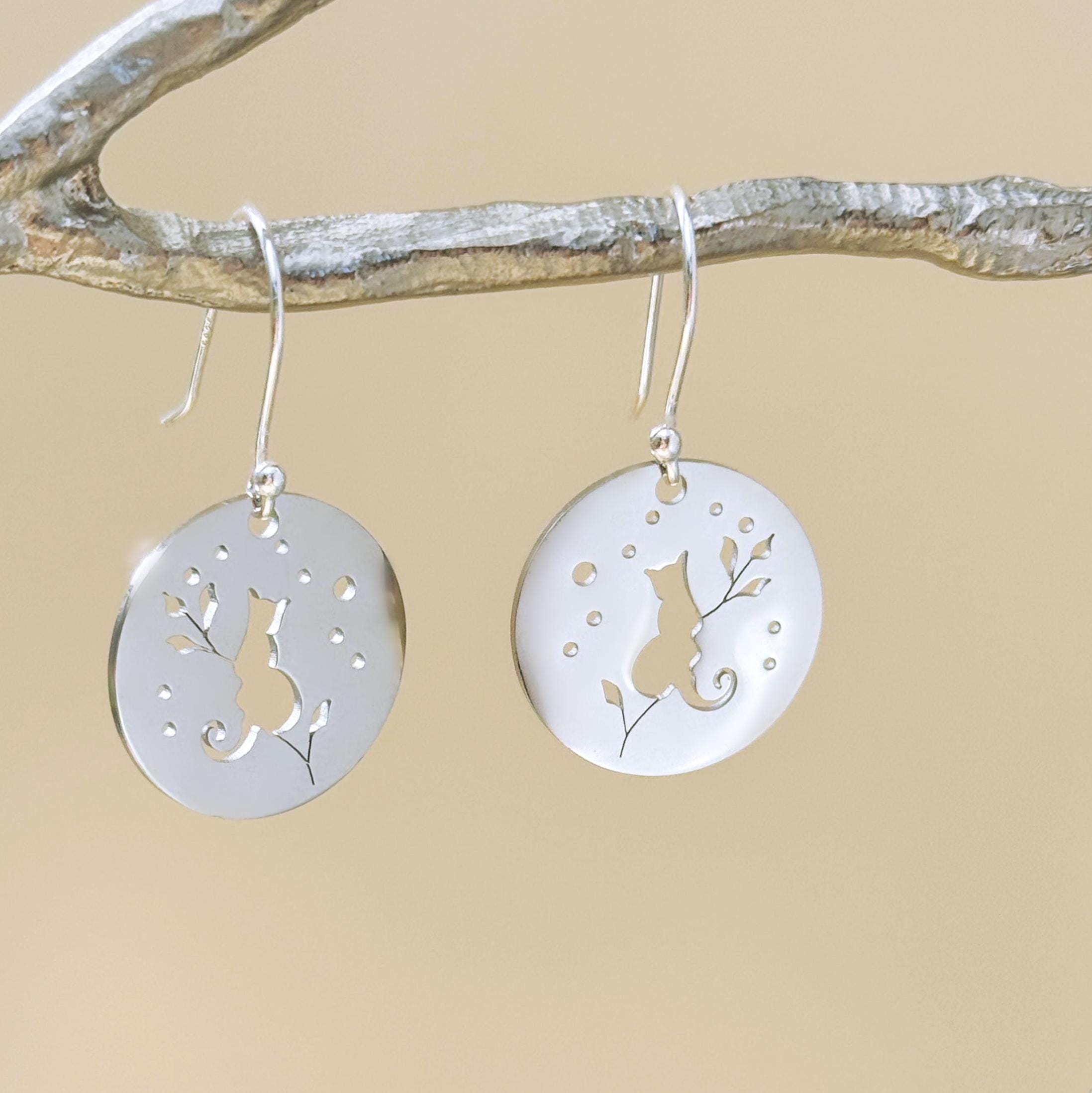 Cat Earrings dangle silver dangle handmade witchy jewelry whimsical spooky gothic earrings kitten kitty gift for cat lovers, mom, sister bff