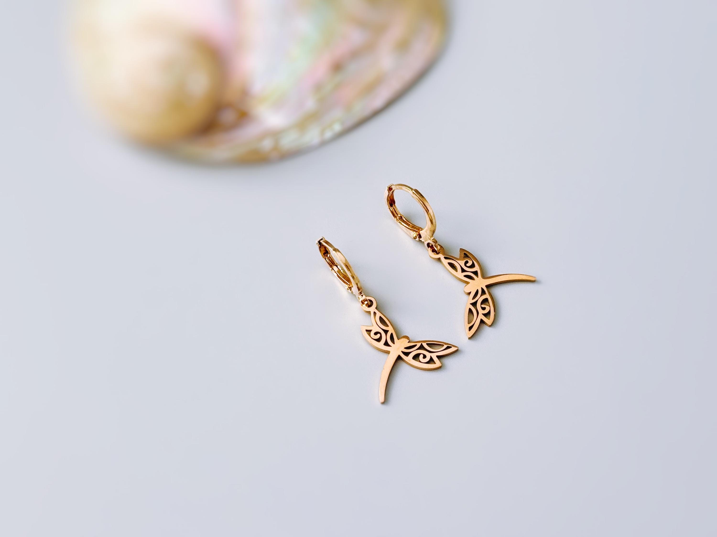 Dragonfly Earrings dangle Rose Gold Handmade Dragonfly Jewelry