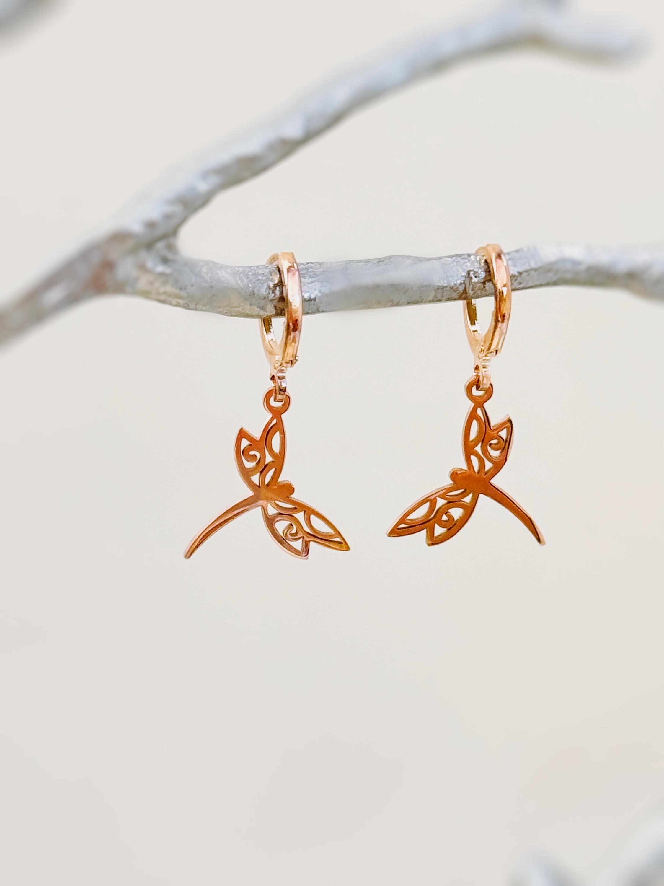 Dragonfly Earrings dangle Rose Gold Handmade Dragonfly Jewelry