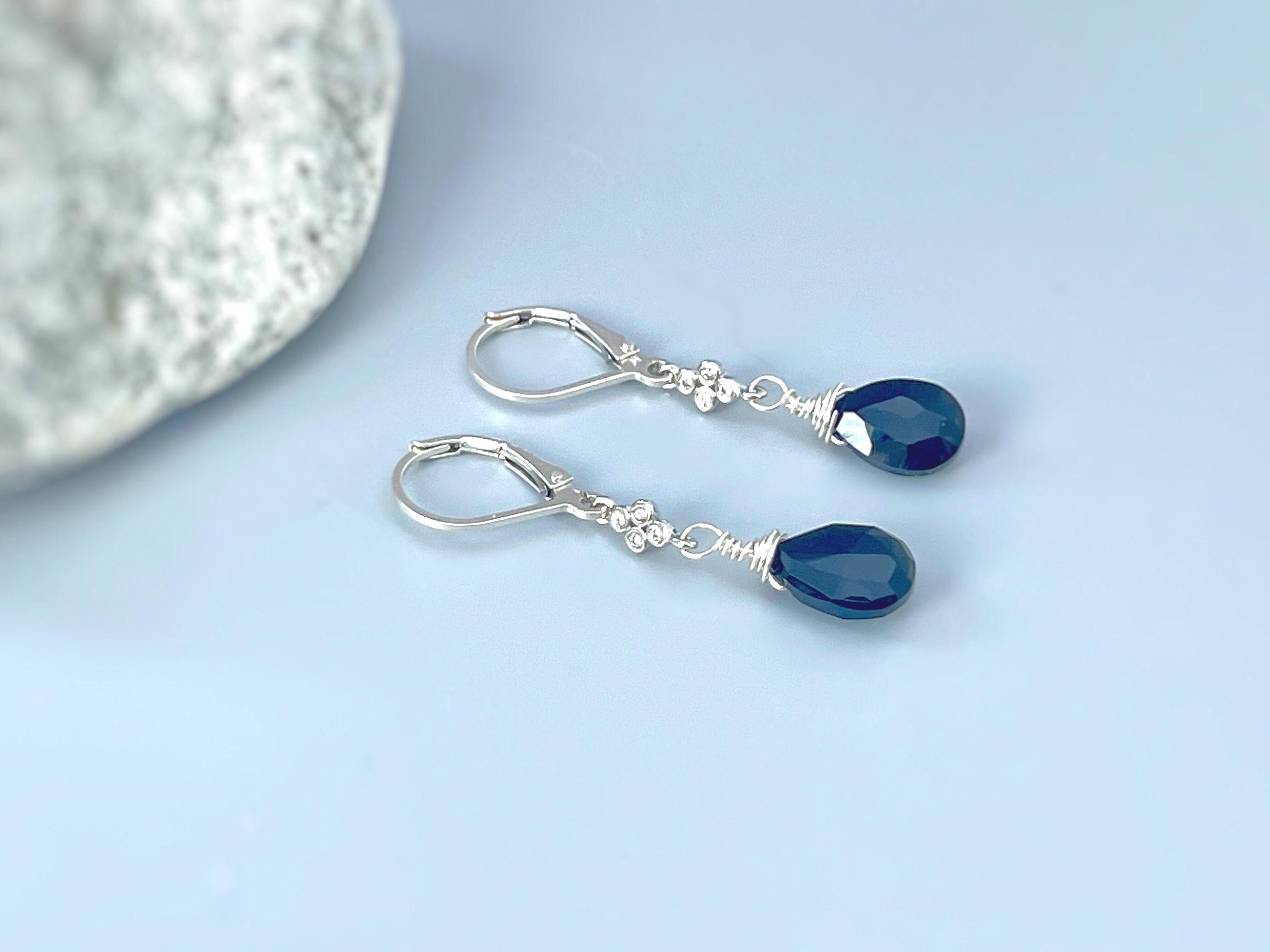 Dainty Black Onyx earrings dangle, Sterling Silver, Gold crystal dangly tear drop handmade boho gemstone jewelry for women July Birthstone