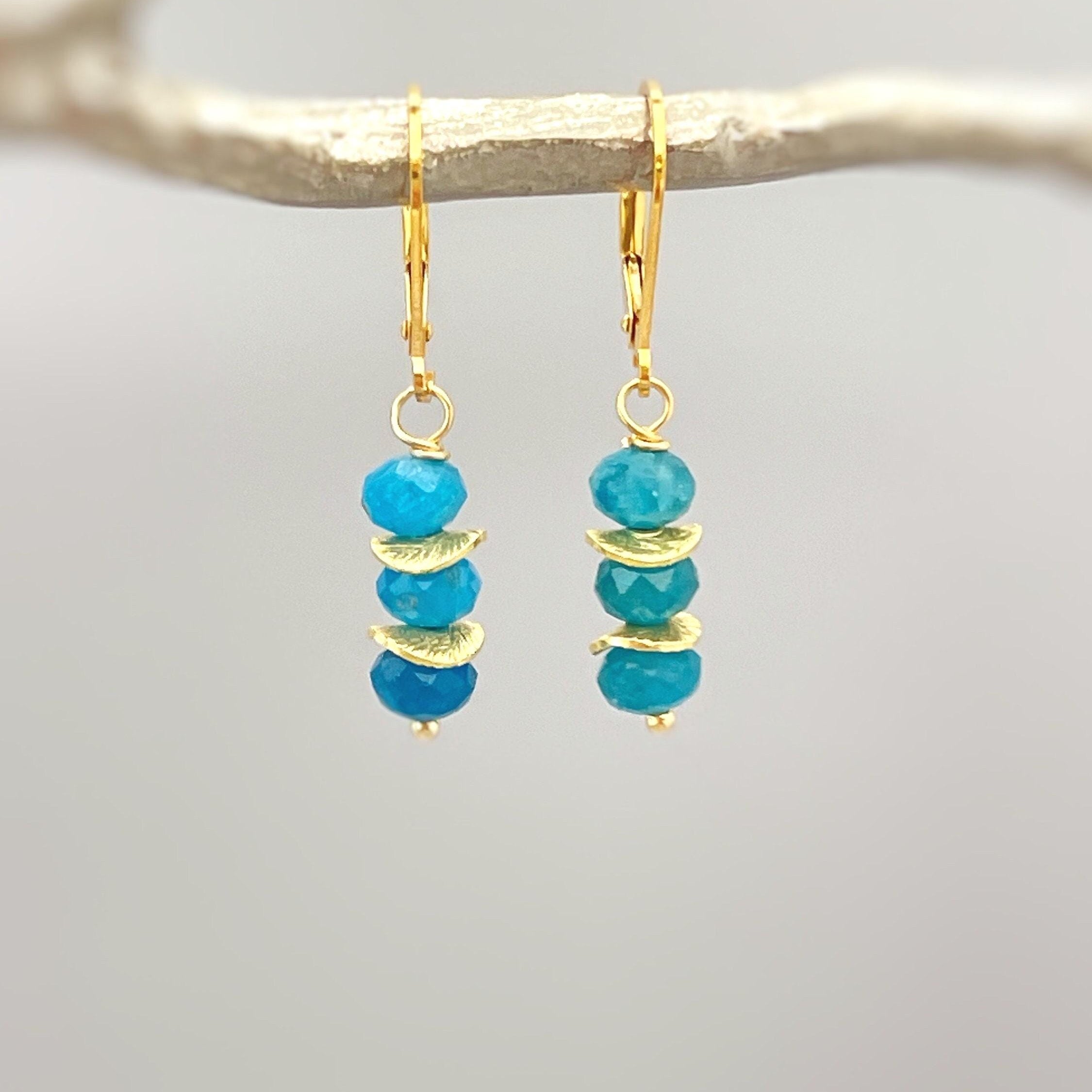 Dainty Blue Apatite gemstone earrings dangle,  14k Gold, Sterling Silver, Rose Gold dangly everyday artisan handmade jewelry gift for mom