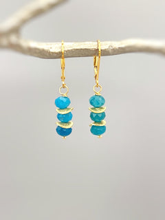 Dainty Blue Apatite gemstone earrings dangle,  14k Gold, Sterling Silver, Rose Gold dangly everyday artisan handmade jewelry gift for mom