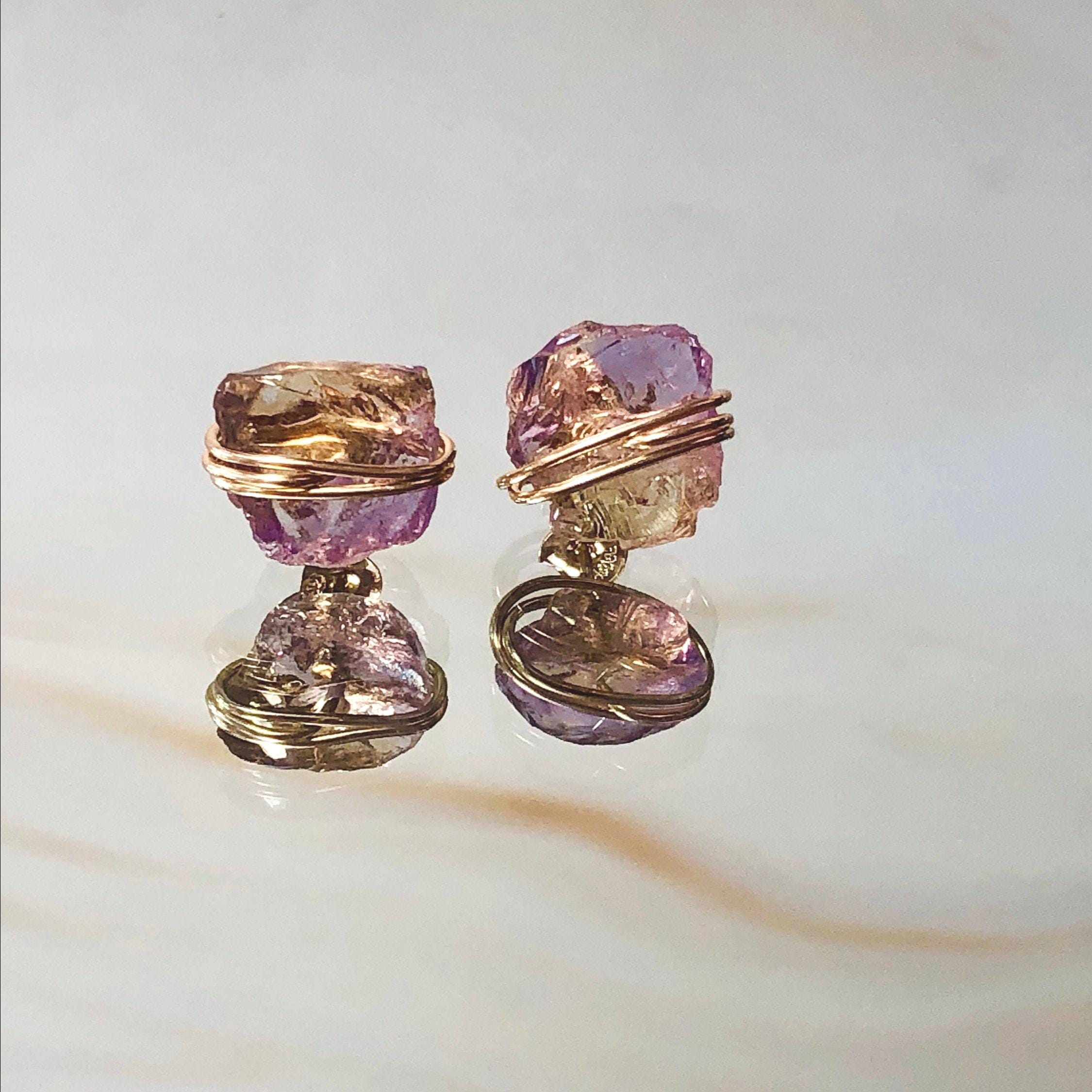 Citrine Earrings Ametrine Studs Raw Gemstone Earrings Rose Gold Handmade Citrine crystal posts sterling silver gold nugget gift for wife